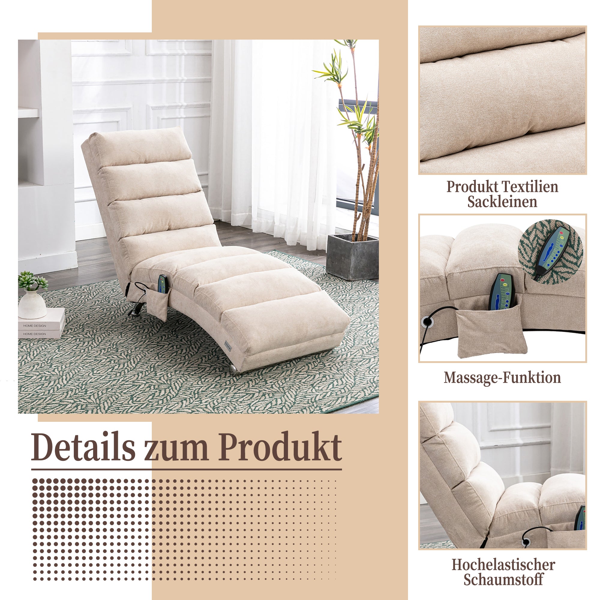Logidon Linnen Massage Chaise Longue Beige met Afstandsbediening