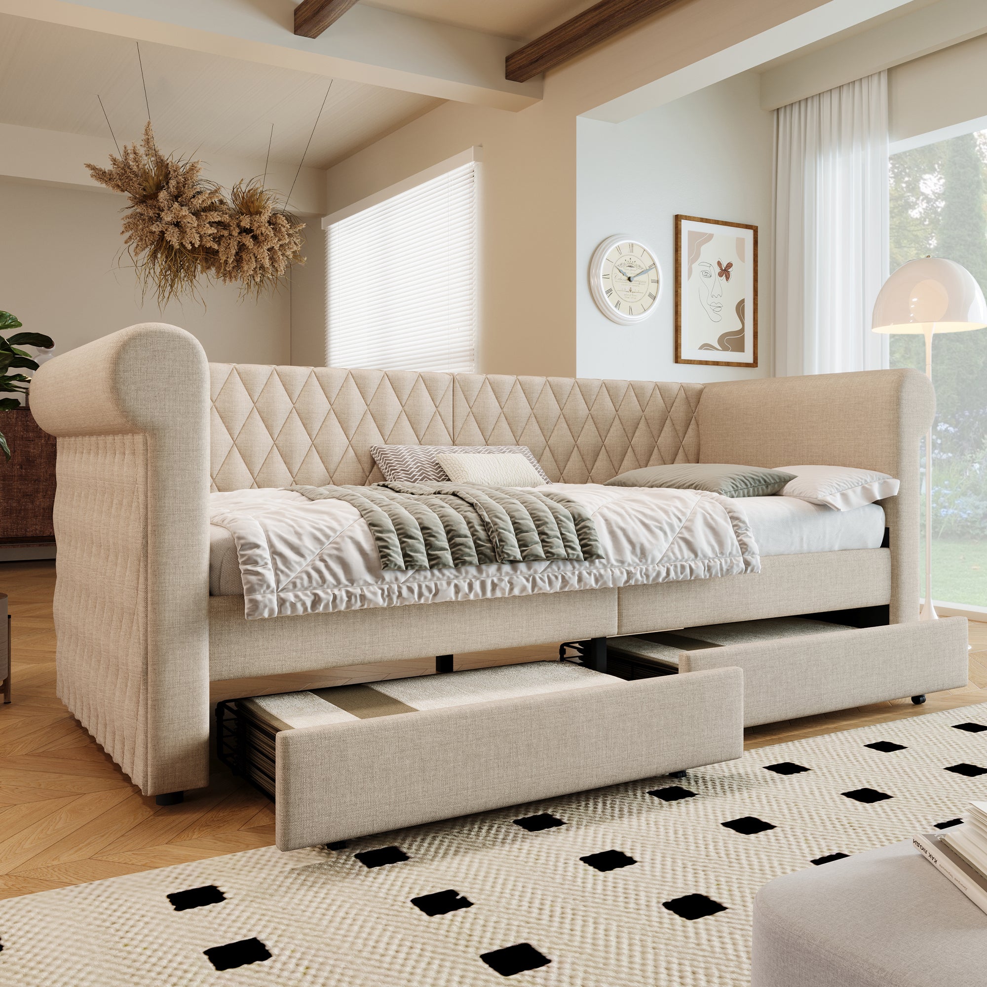 Logidon Vintage Upholstered Bed 90x200 Beige Linen Sofa Bed With Storage Space