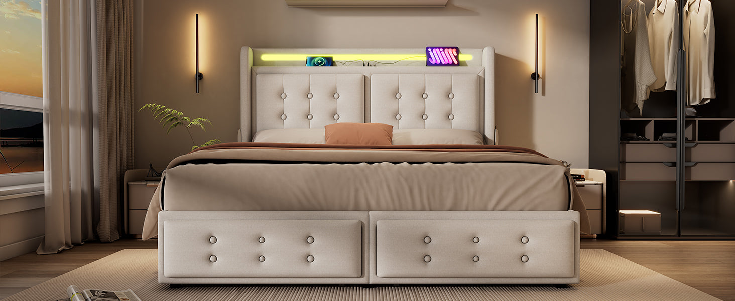 Logidon gestoffeerd bed 160x200 beige LED hoofdbord USB C oplaadfunctie 4 lades
