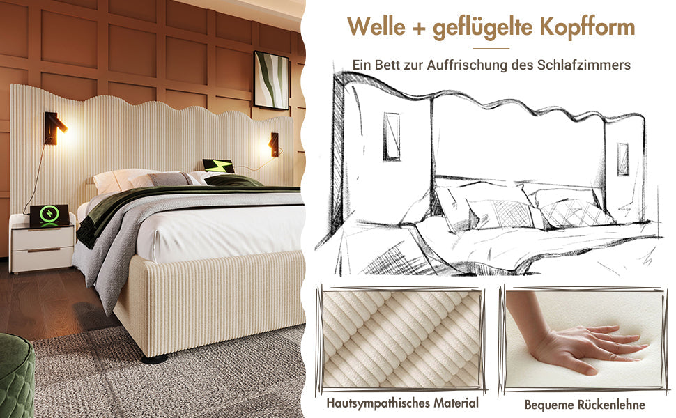 Logidon gestoffeerd bed beige-wit 160x200 met leeslamp USB-C oplaadfunctie