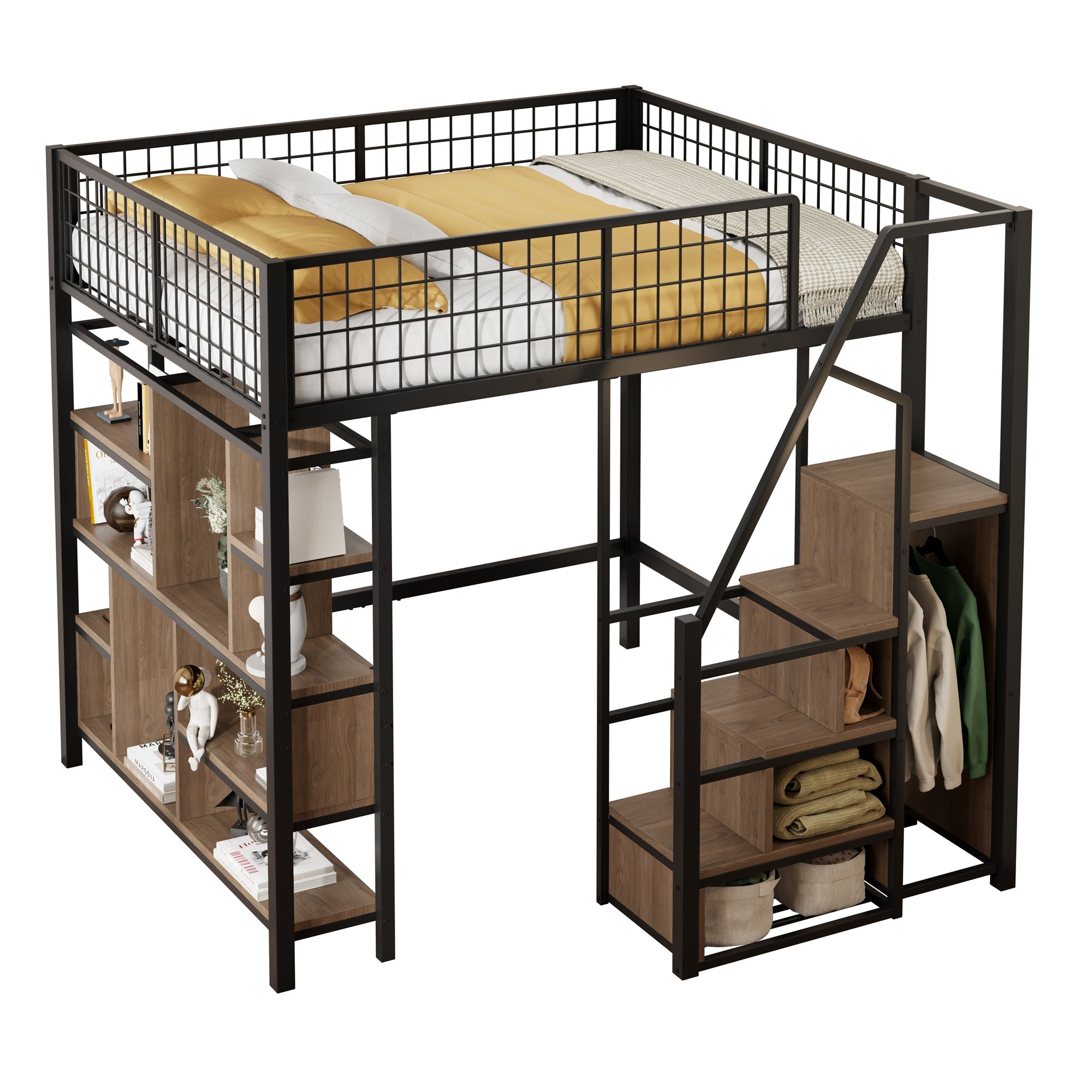 Logidon hoogslaper 140x200 cm metaal zwart met opbergruimte trap