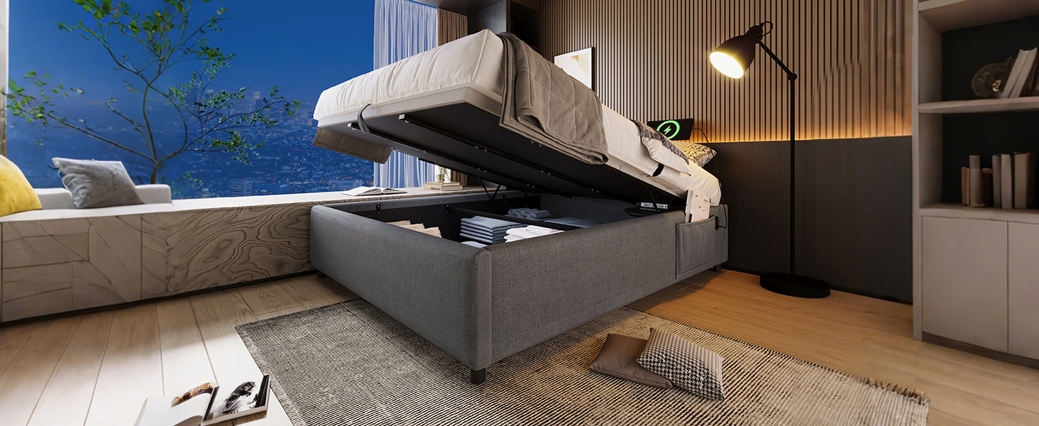 Logidon upholstered bed 160x200 gray with USB C and full-surface slatted frame
