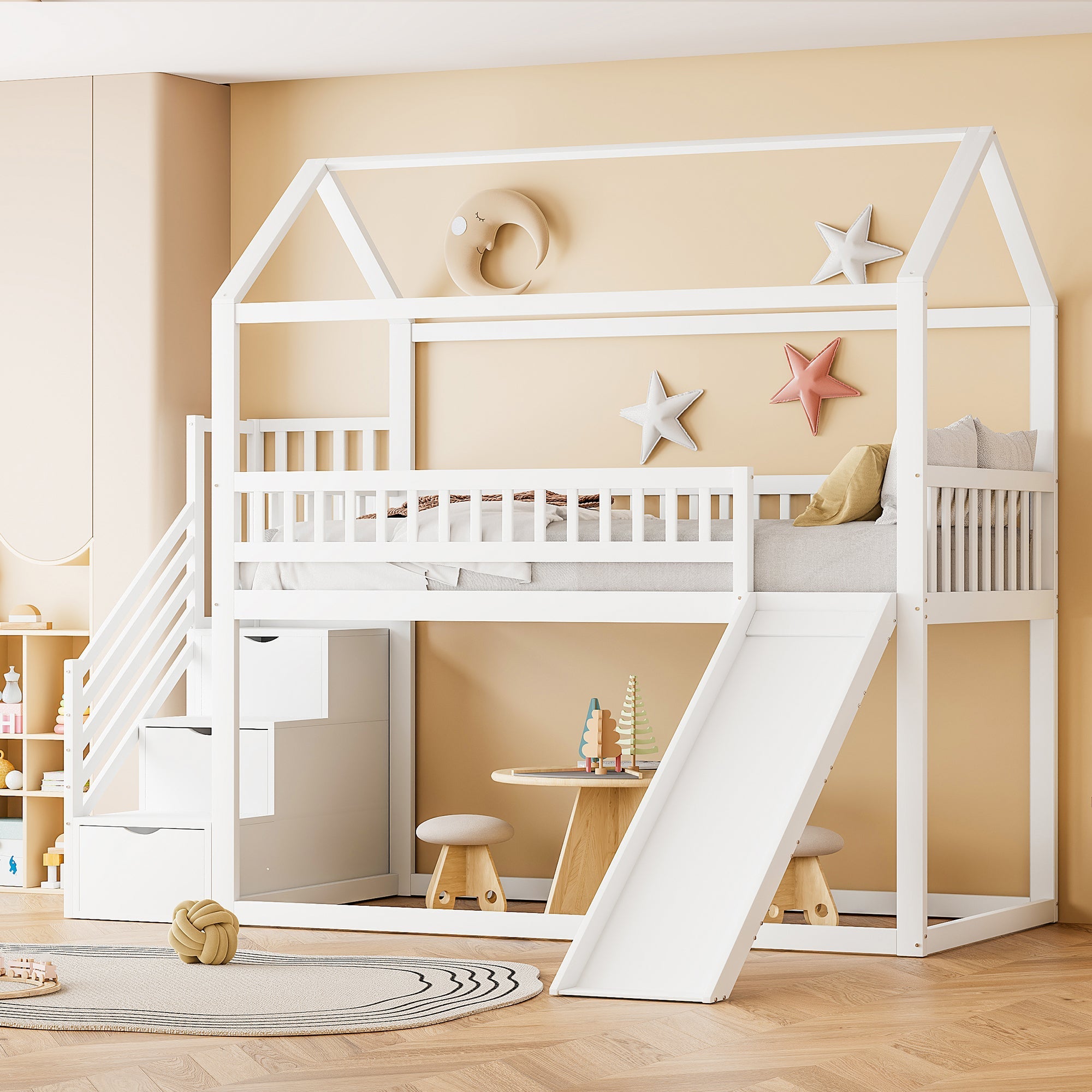 Logidon hoogslaper kinderstapelbed 90x200 wit glijbaan met opbergladder