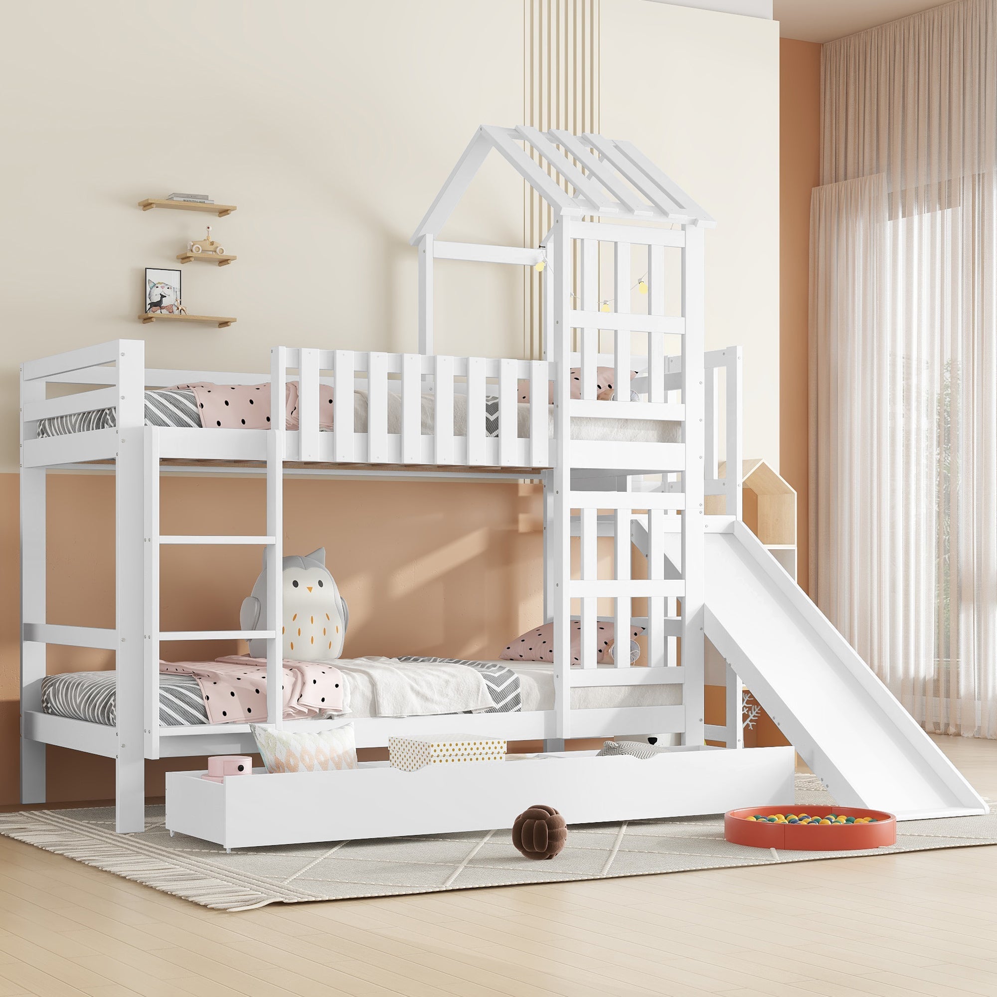 Logidon stapelbed met glijbaan en grote lade 90x200 wit