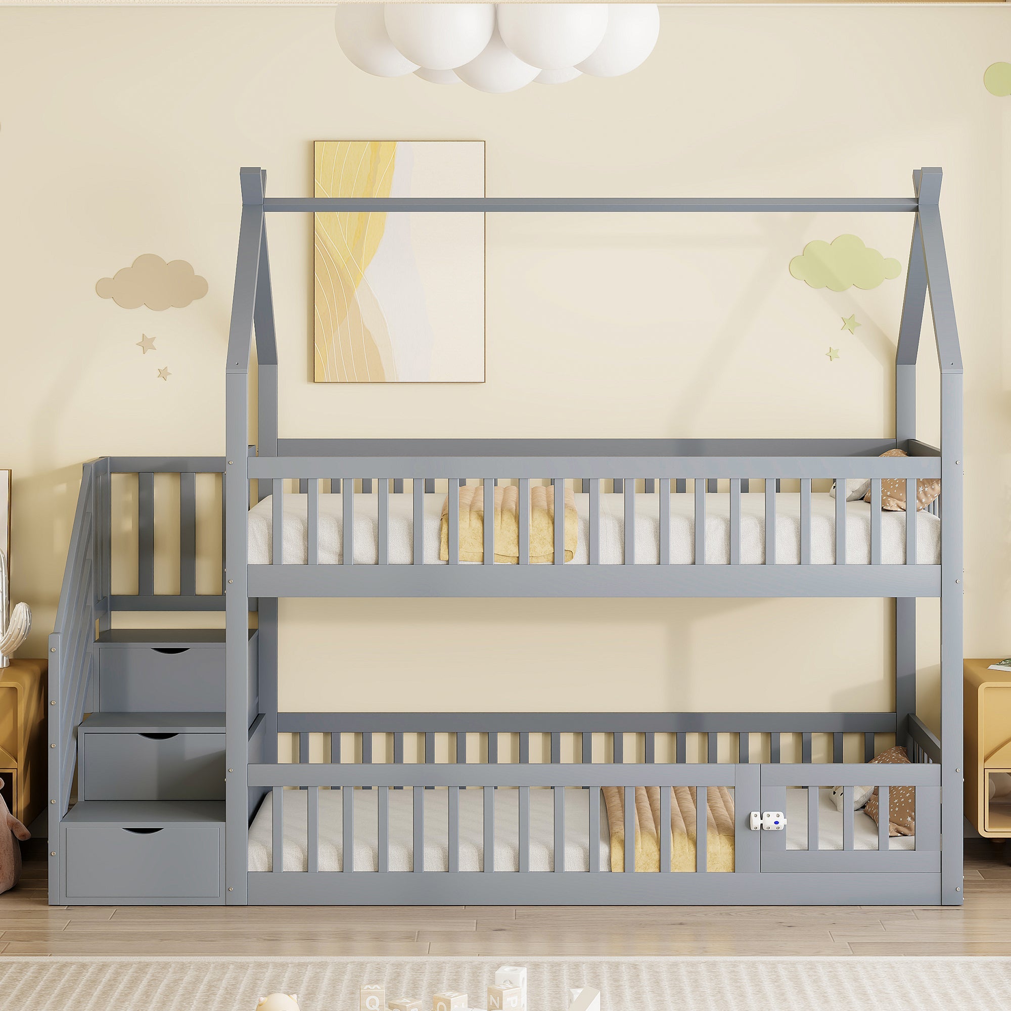 Logidon Bunk Bed 90x200 Gray With Roof Safety Stairs Storage Space