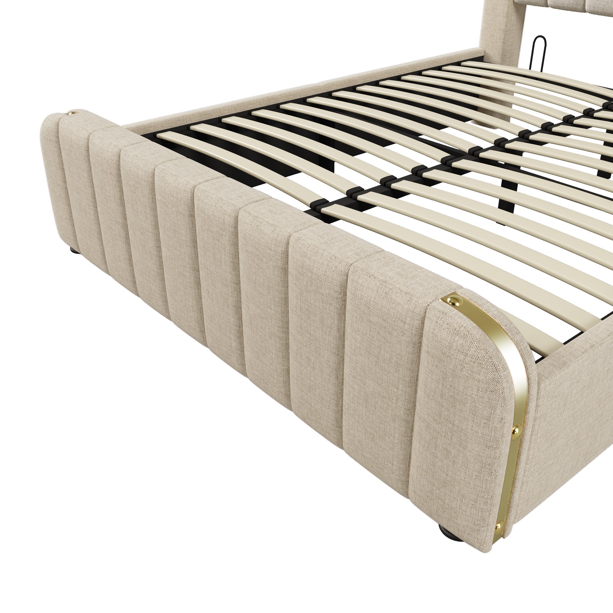 Logidon gestoffeerd bed 160x200 beige linnen met hoofdeinde gouden rand USB-C