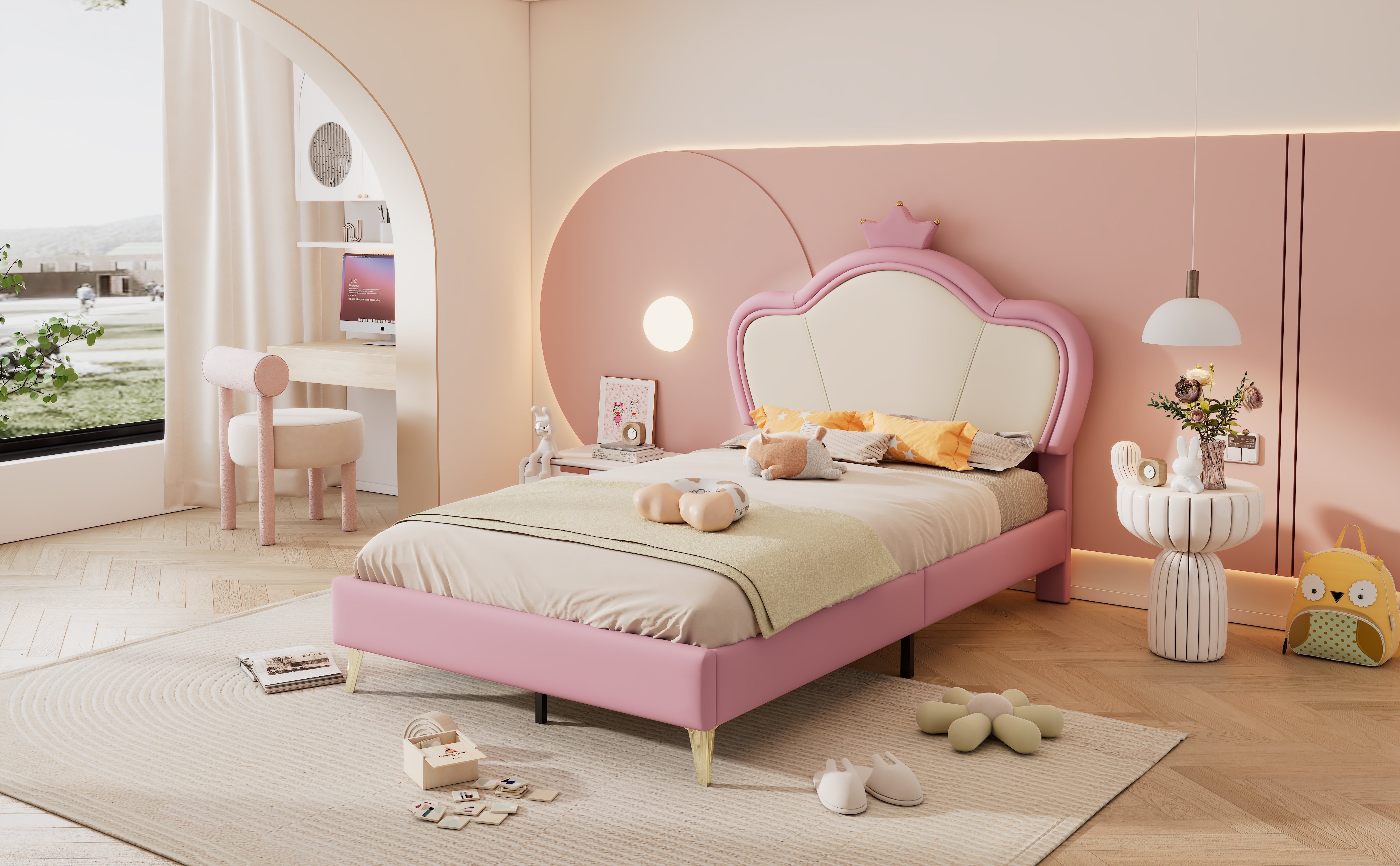 Logidon gestoffeerd bed kinderbed 90x200cm roze wit met kroonhoofdbord