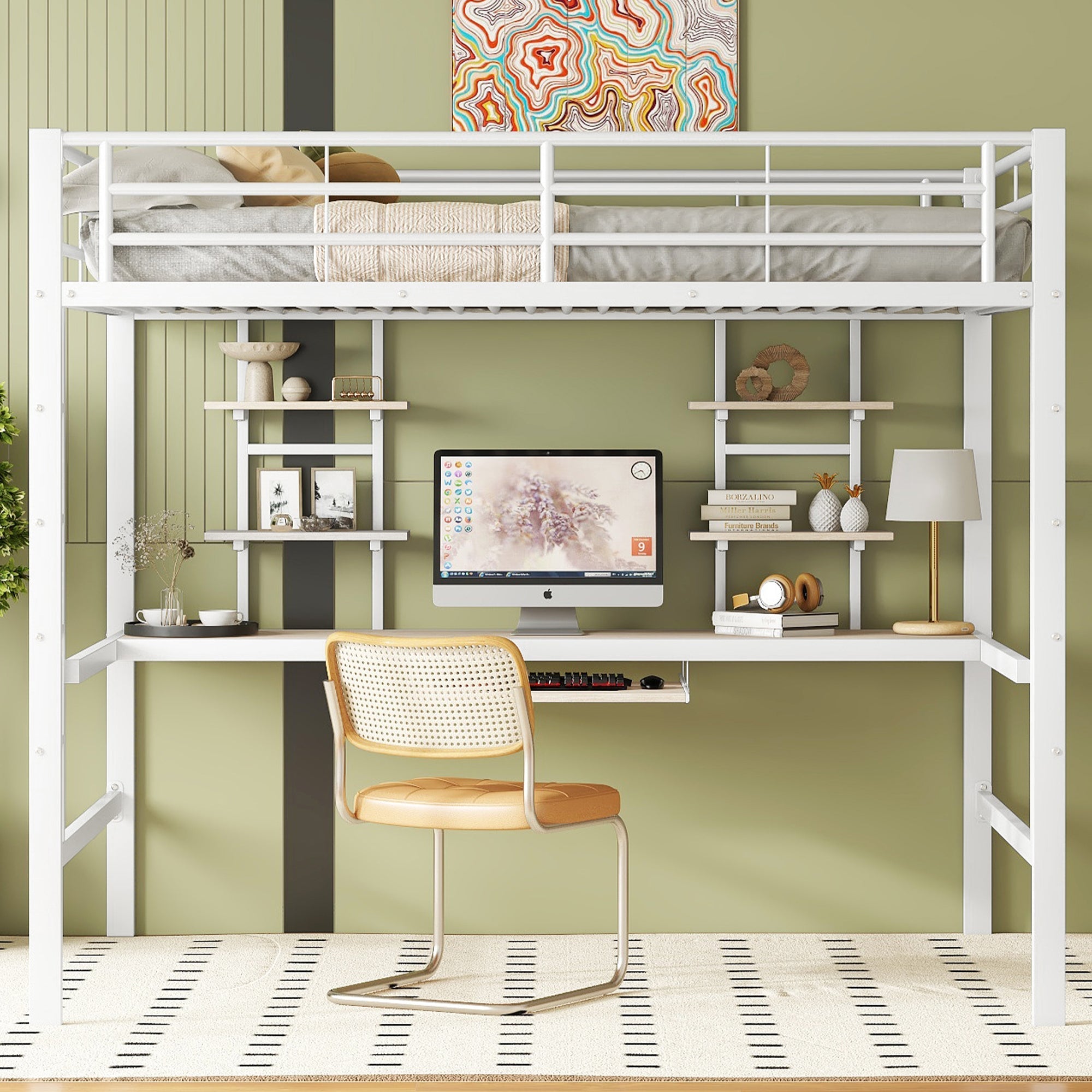 Logidon hoogslaper 140x200 cm metalen bed met bureau en plank wit