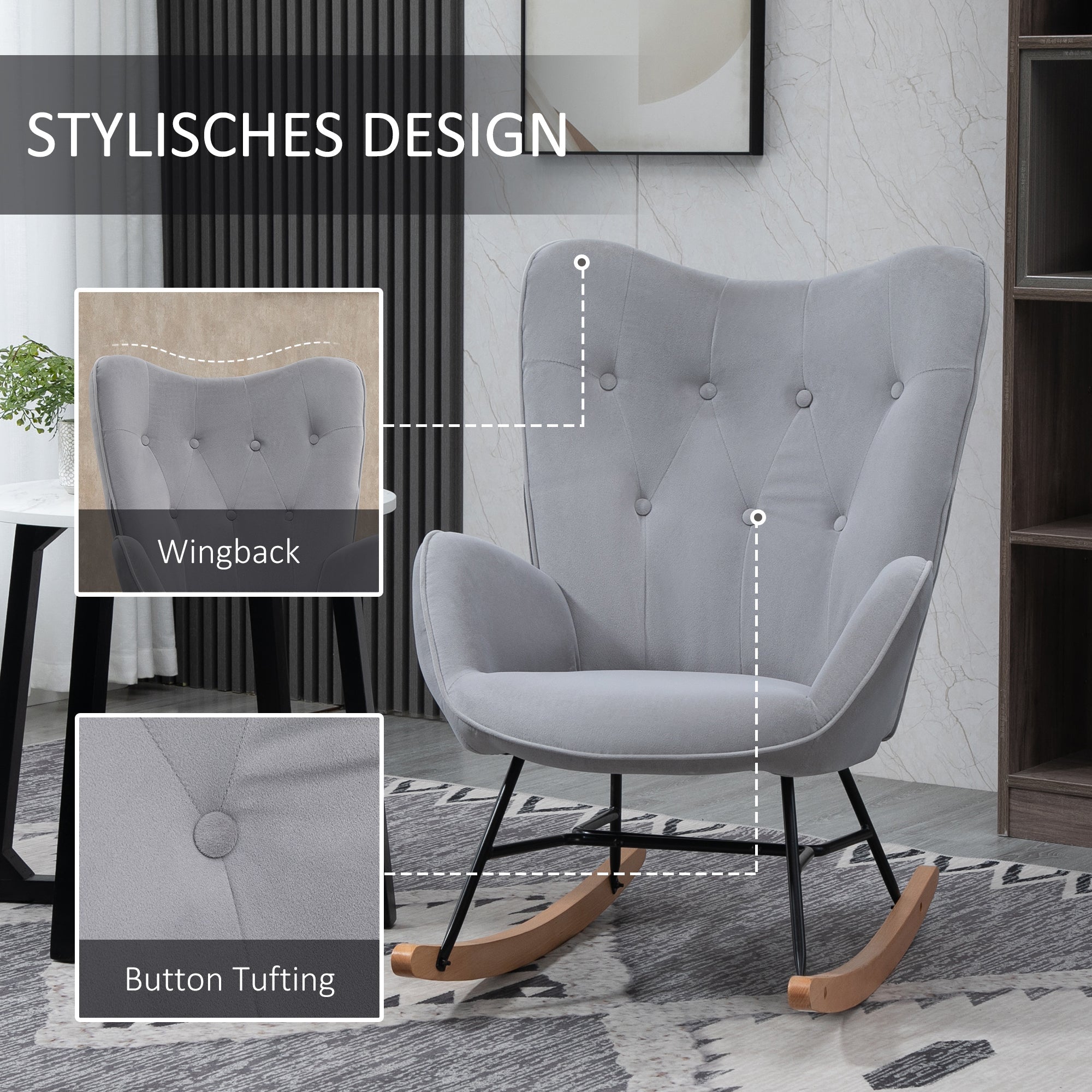 Logidon schommelstoel ergonomisch met fluweellook lichtgrijs tot 150 kg