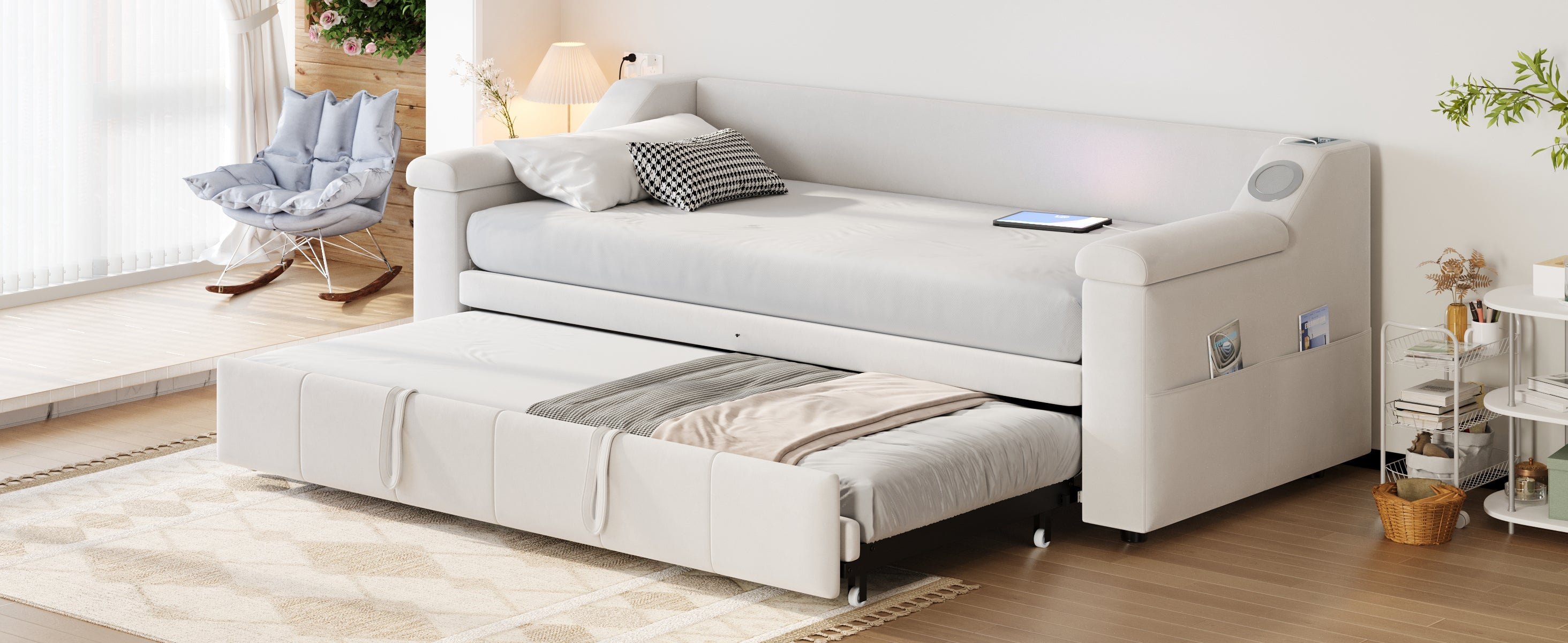 Logidon slaapbank gestoffeerd bed 90/180x190 beige fluweel Bluetooth