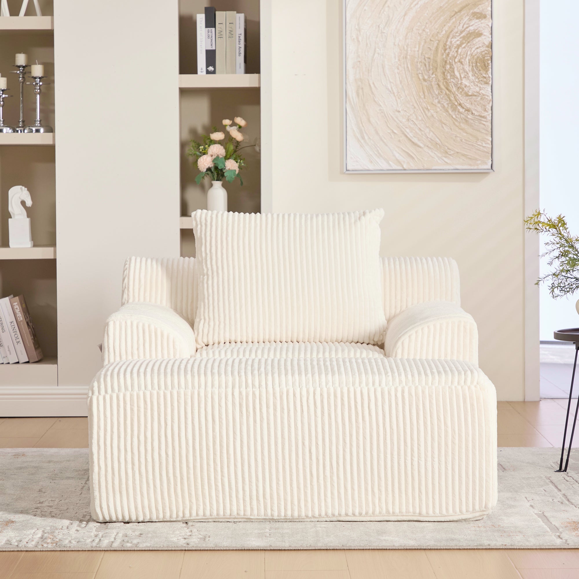 Logidon Oversized Corduroy Velvet Armchair Beige with Footstool and Cushion