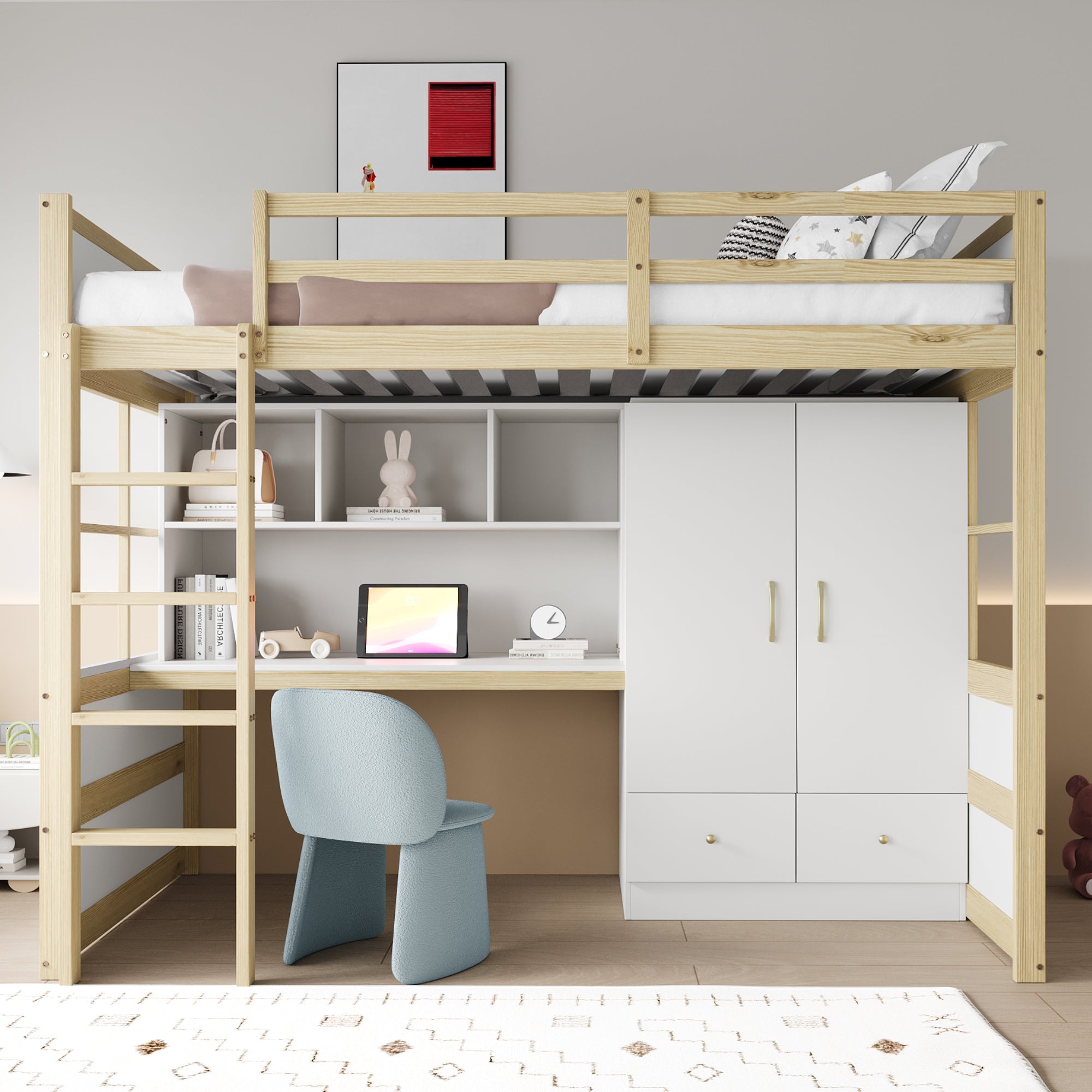 Logidon hoogslaper 90x200 cm met bureau en opbergruimte naturel hout