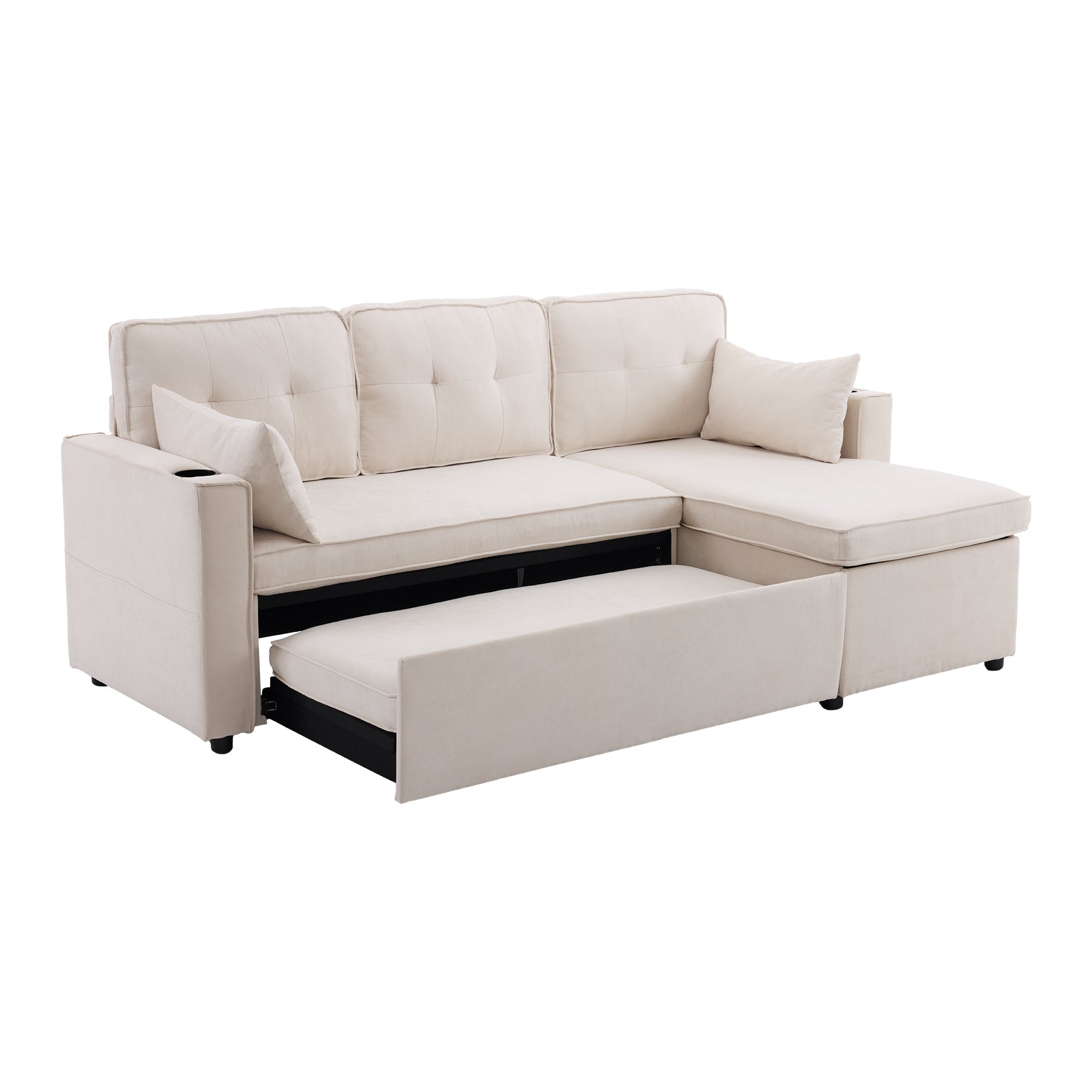 Logidon slaapbank L-vorm beige stof met opbergruimte en bekerhouder