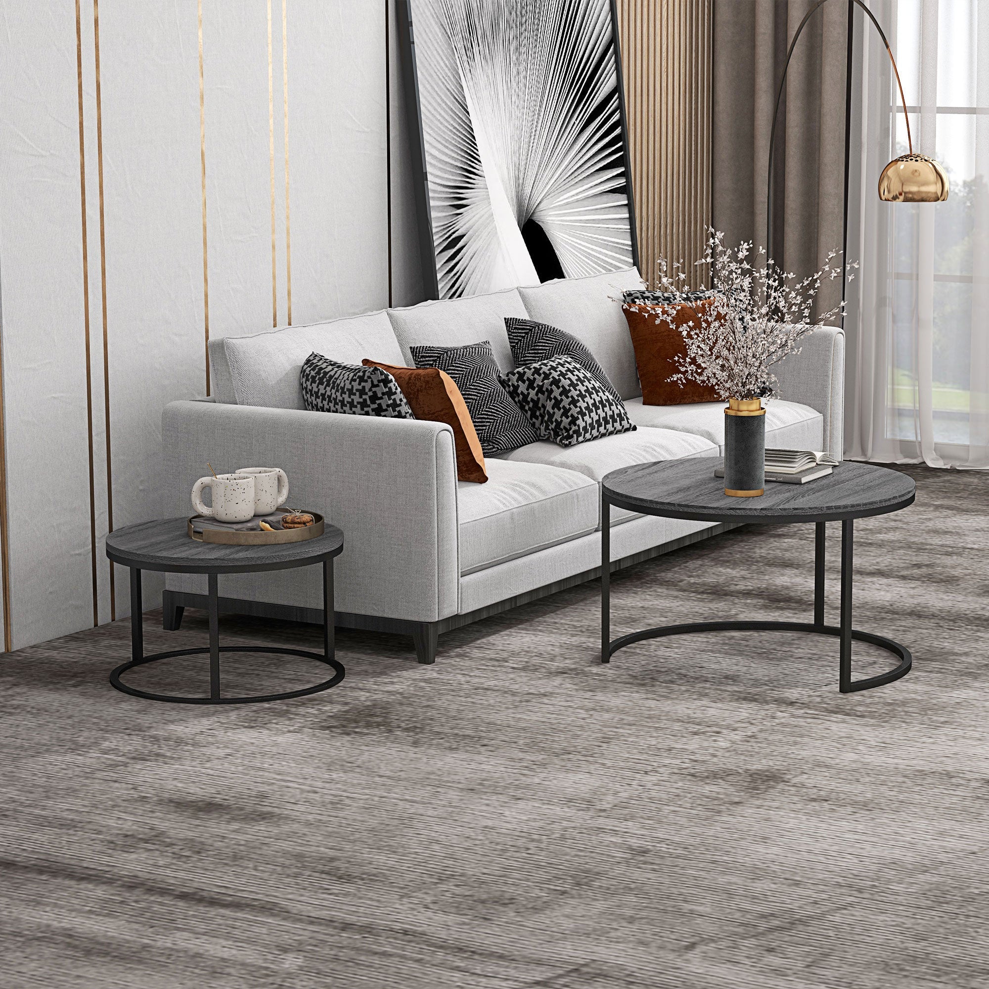 Logidon ronde salontafel set van 2 houtlook stapelbaar metalen frame