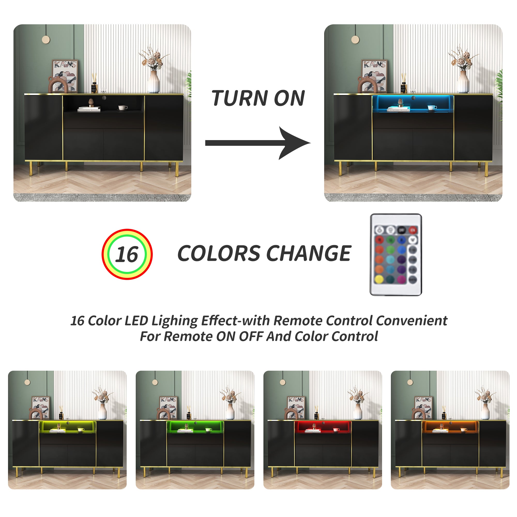 Logidon high-gloss sideboard black 150x40x80 with LED accents