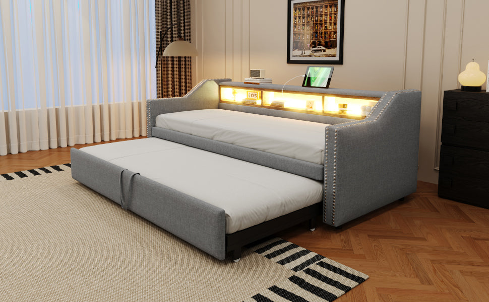 Logidon upholstered bed pull-out sofa bed 90/180 x 190 cm light gray storage compartment
