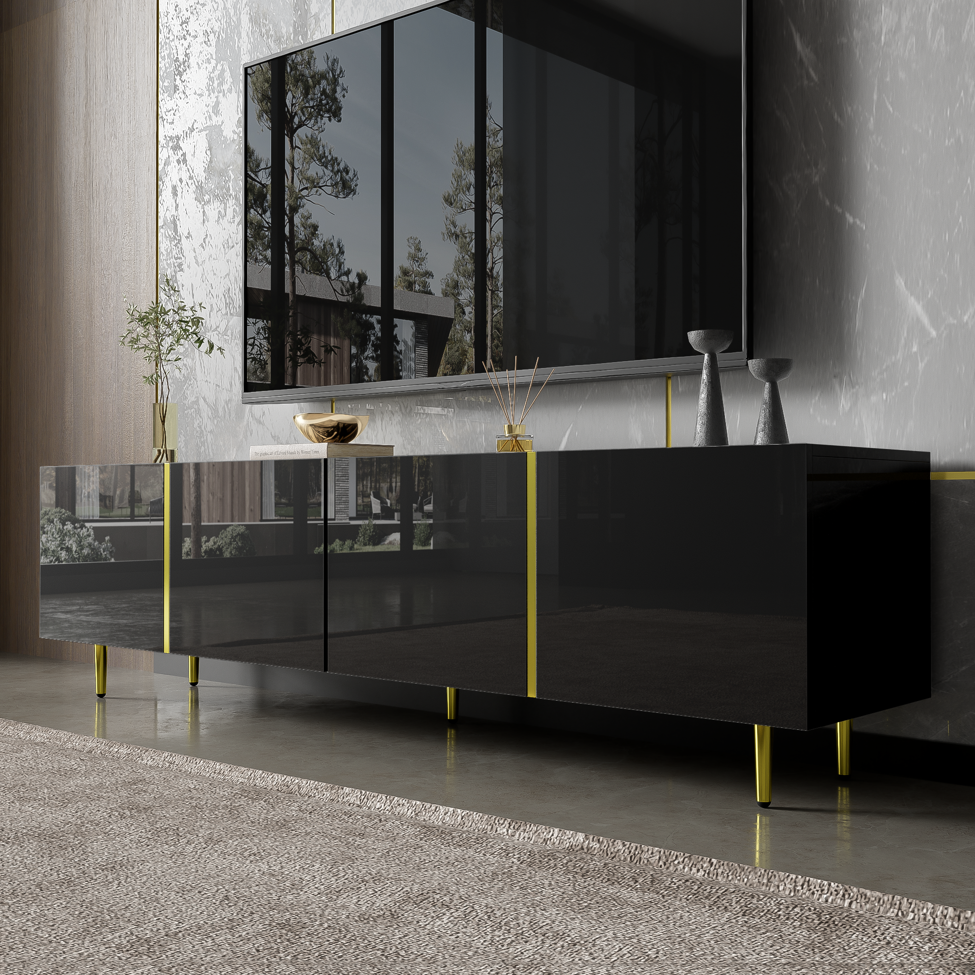 Logidon high-gloss TV cabinet 170 cm black-gold, 4 doors, modern