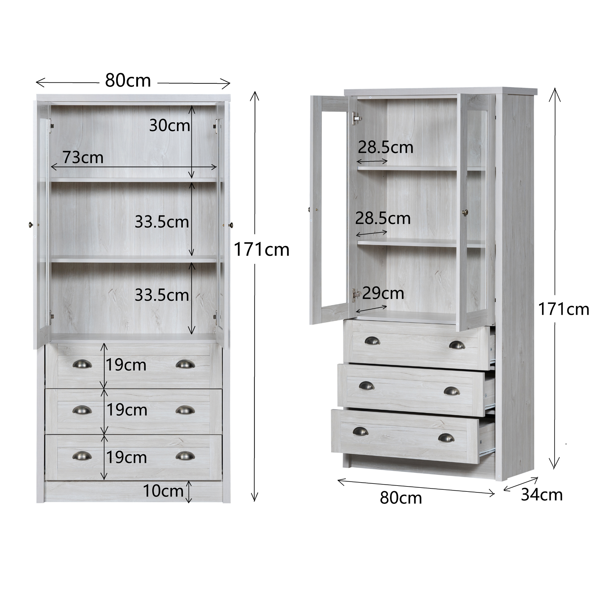 Logidon Modern dressoir 80x34x171 cm houtlook glazen deuren koperen handgrepen