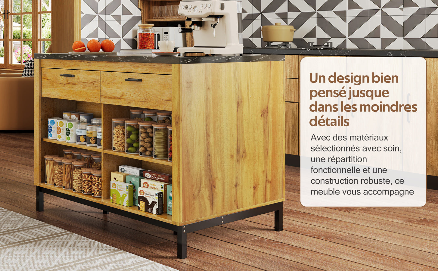 Logidon kitchen island country house style 120x75x90 cm with 2 drawers and 4 shelves