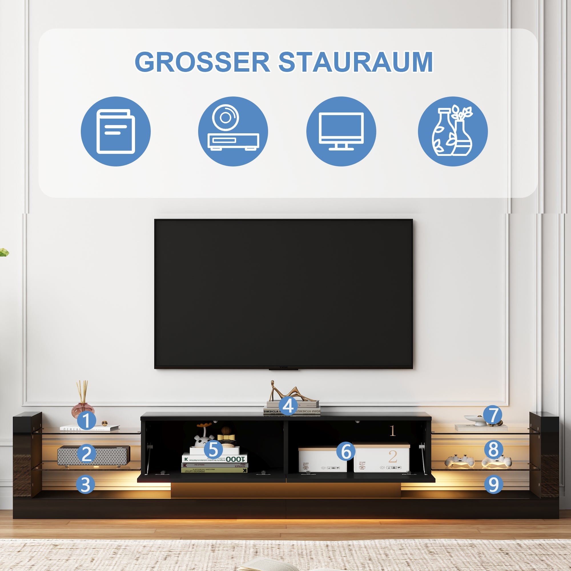 Logidon high-gloss TV cabinet 181 cm LED lighting black glass front