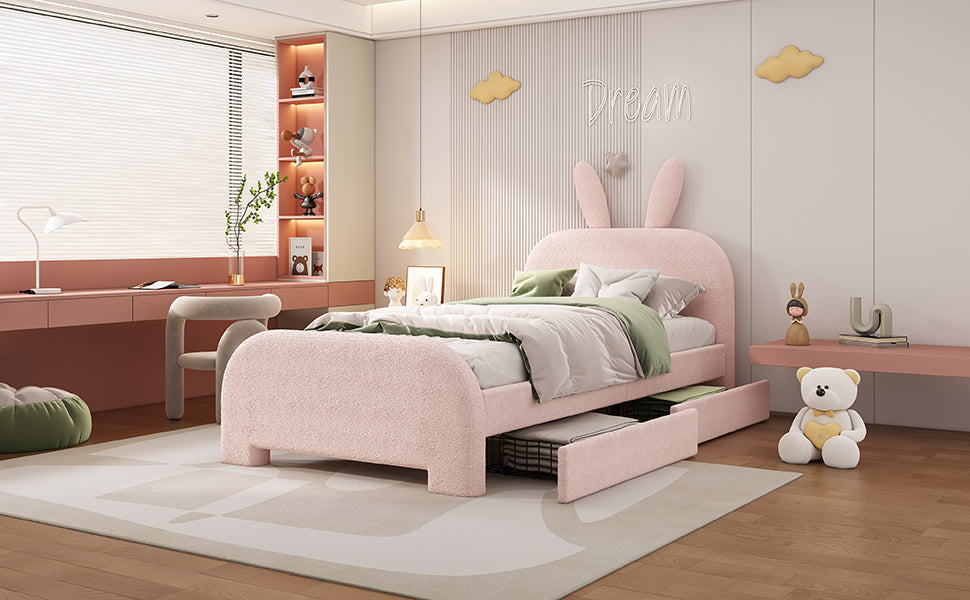 Logidon 90x200 Pink Flat Bed With Cartoon Rabbit Shape