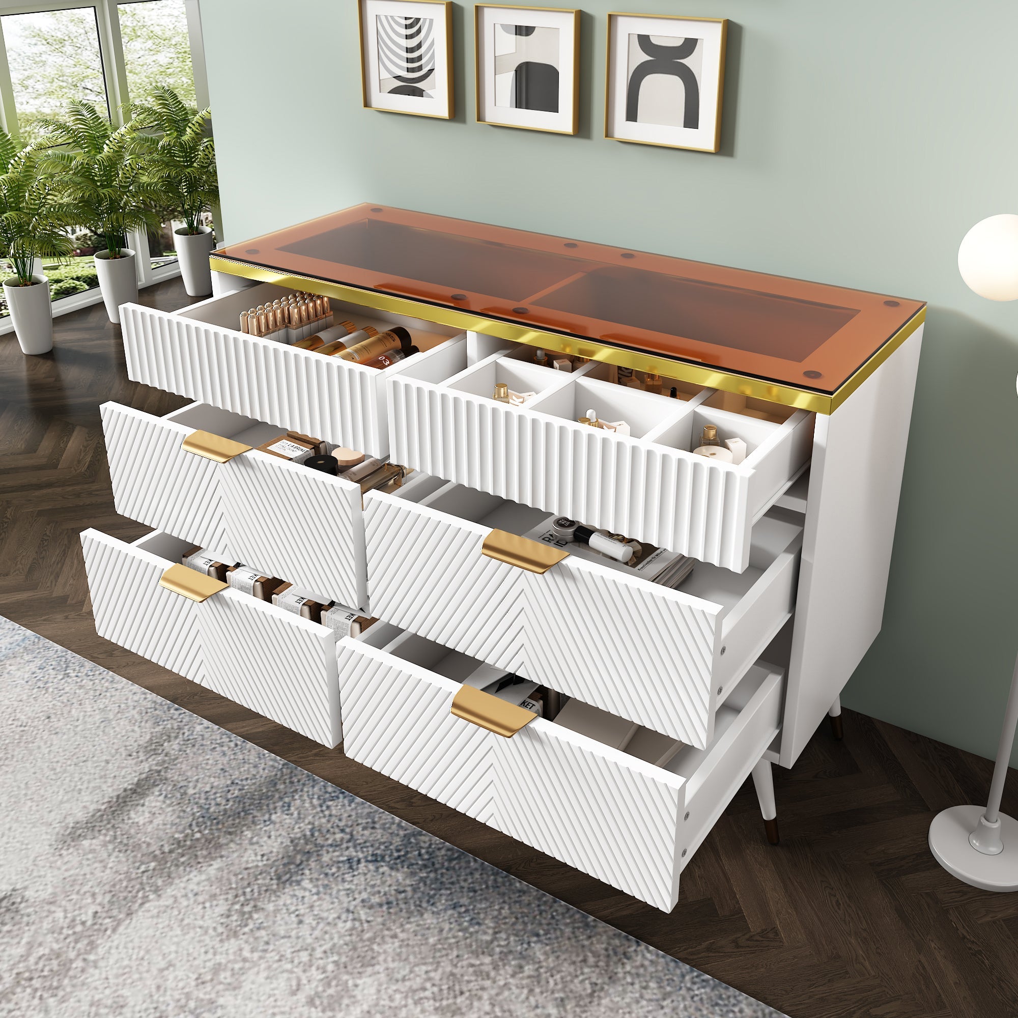 Logidon ladekast amber glazen dressoir 6 lades 120x40x76 wit