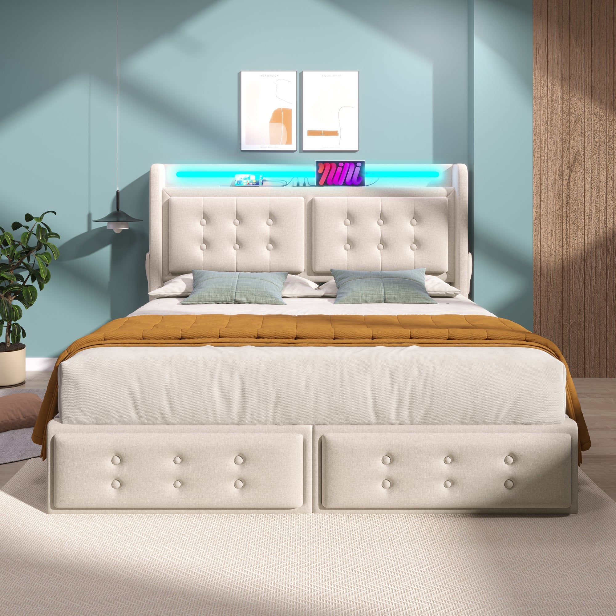 Logidon gestoffeerd bed 140x200 beige met LED hoofdbord USB C oplaadfunctie
