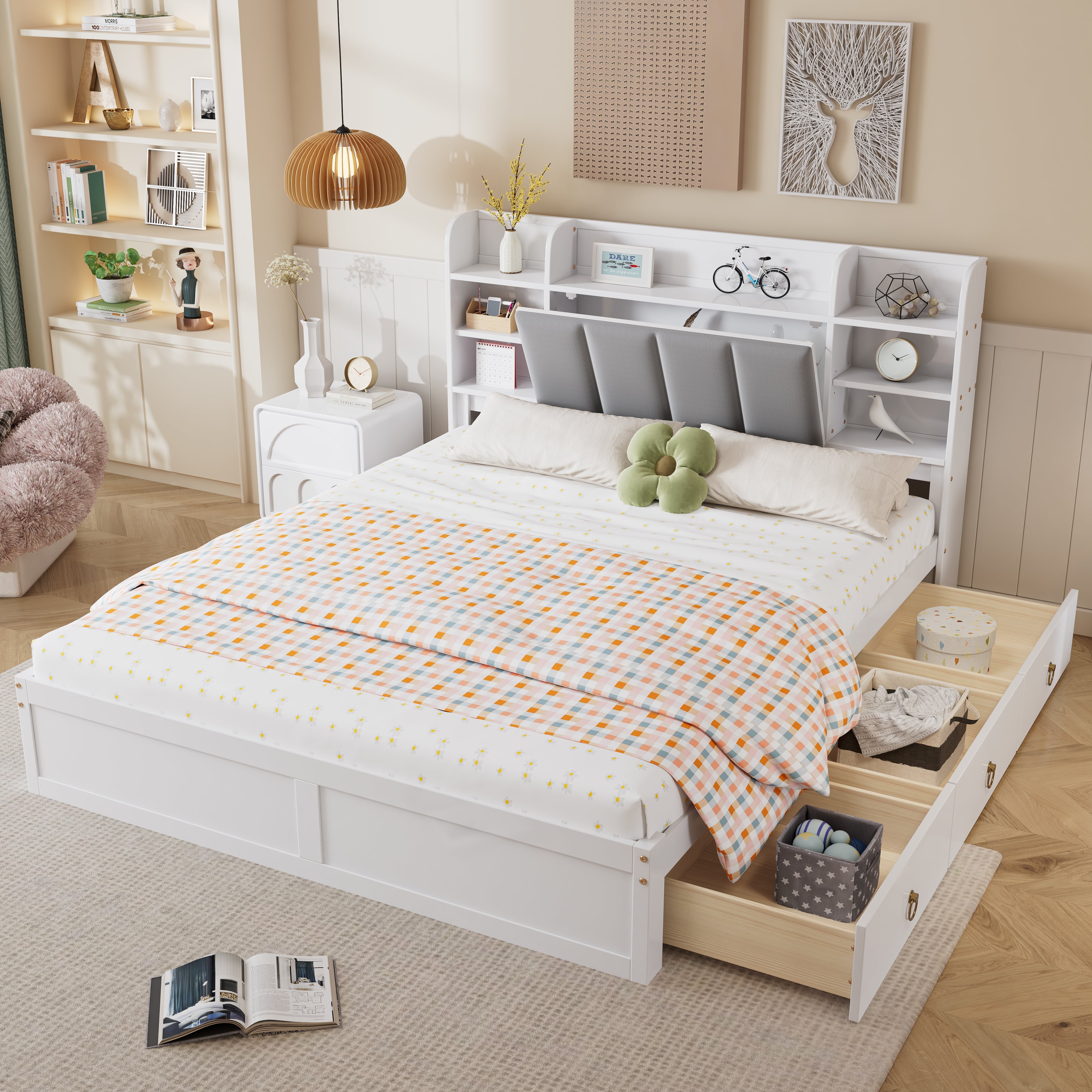 Logidon tweepersoonsbed 160x200 witgrijs, open plank en drie lades