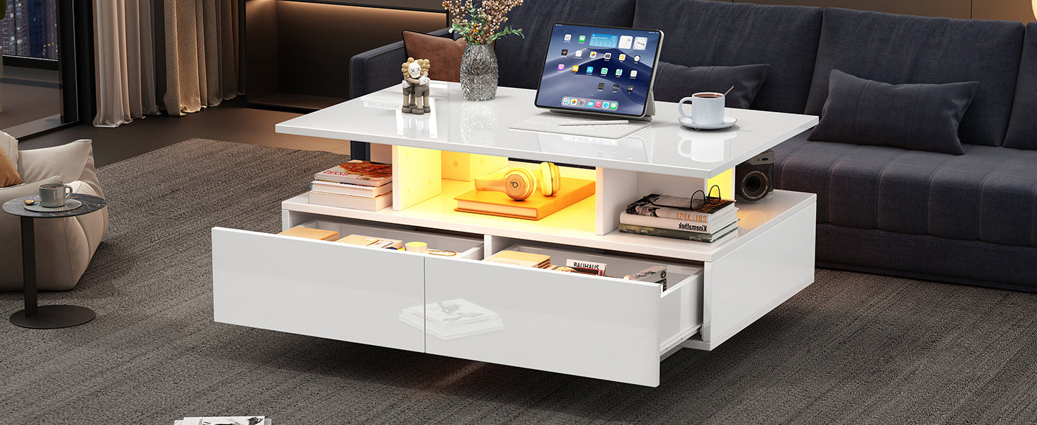 Logidon hoogglans salontafel LED, 2 lades, 90x55x41 cm wit