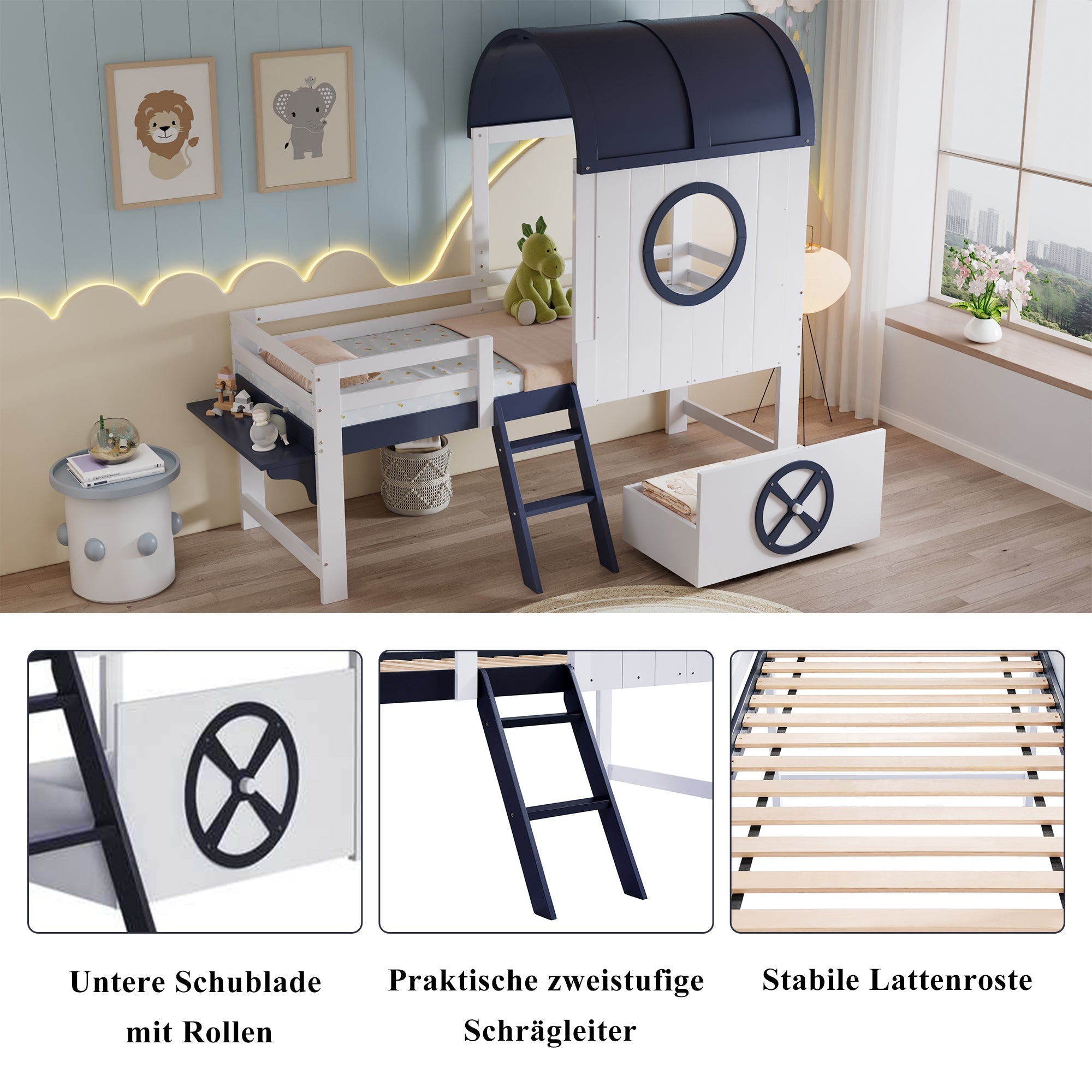 Logidon stapelbed halfhoogslaper 90x200 wit donkerblauw dakraam