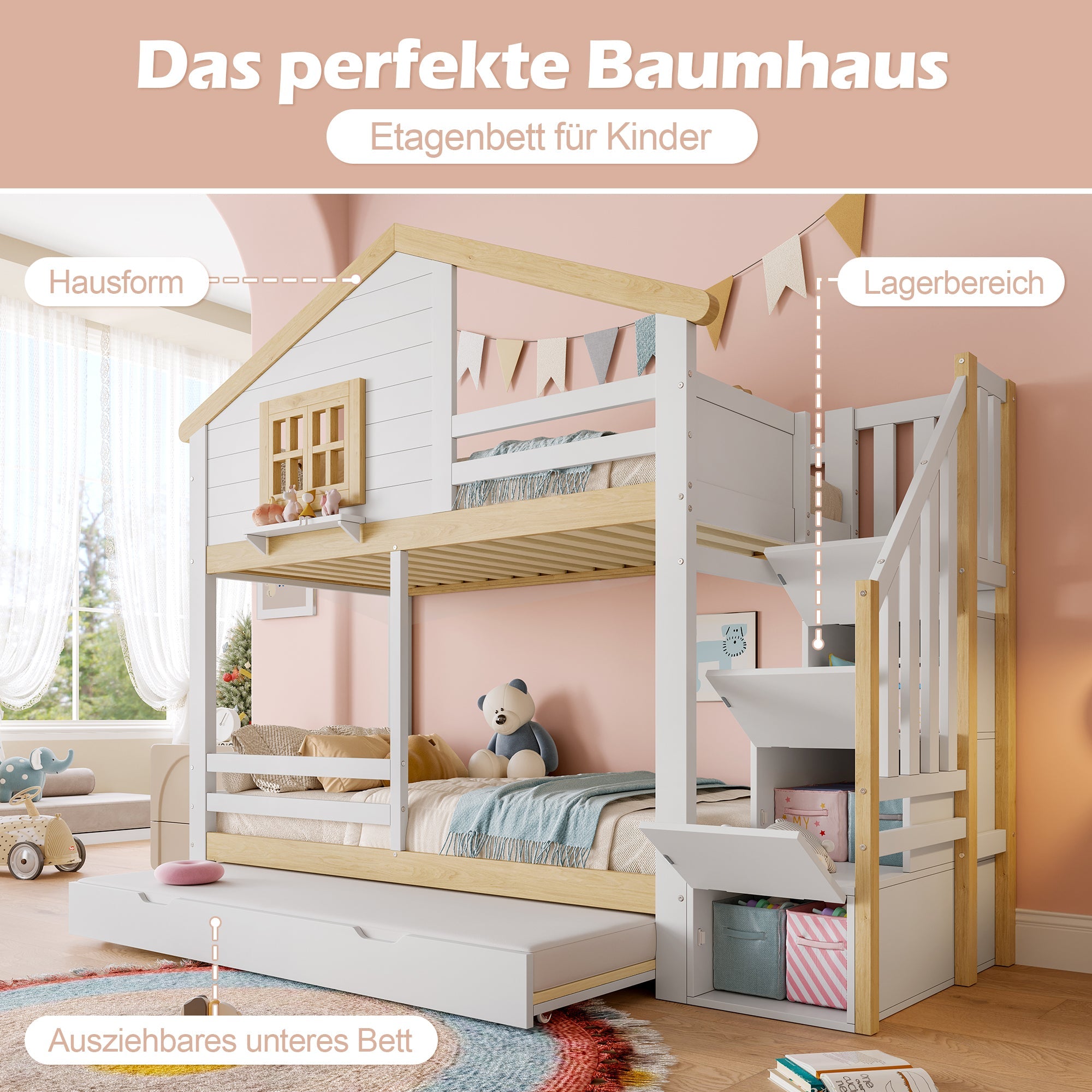 Logidon stapelbed 90x200 cm wit naturel uitschuifbed