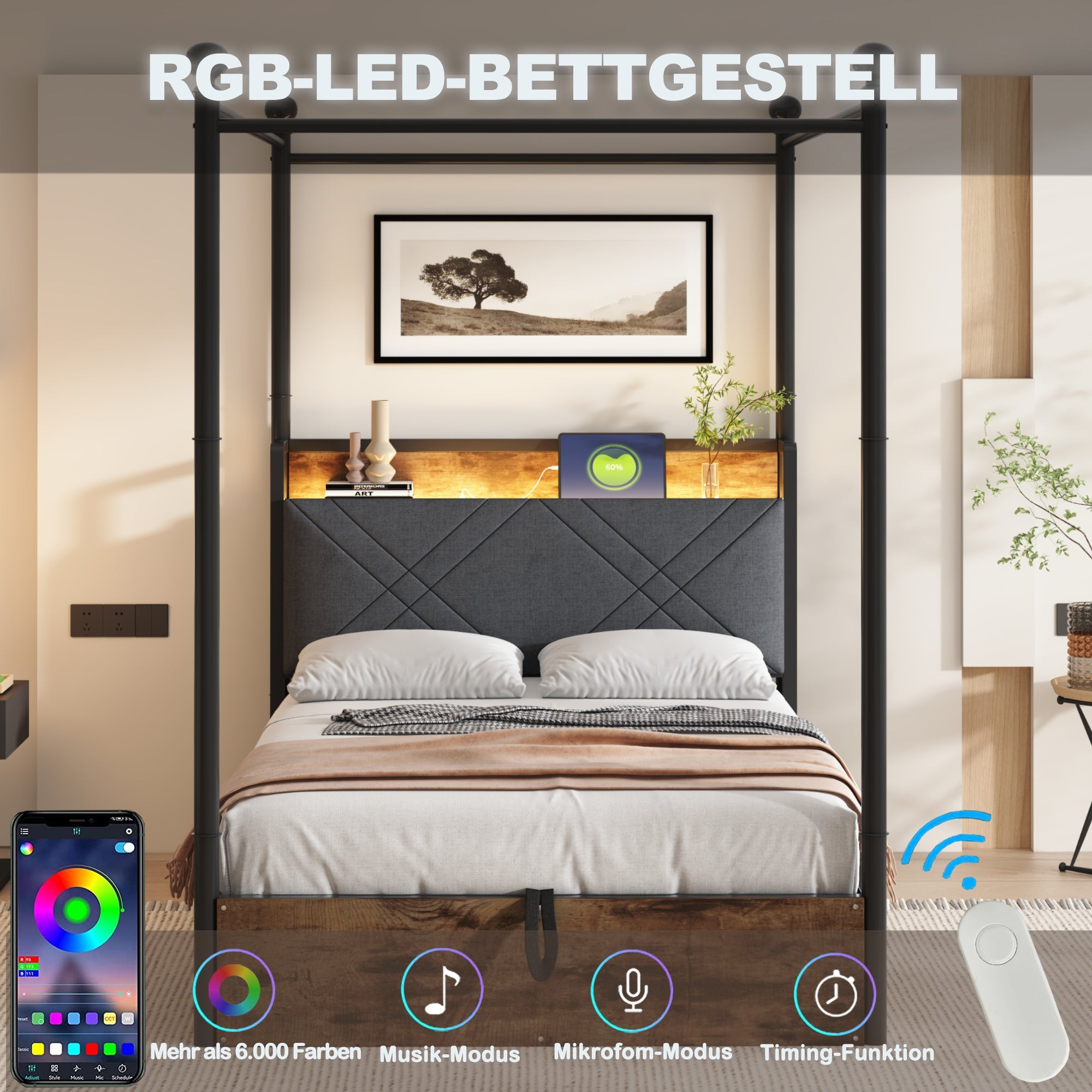 Logidon hemelbed 90x190 zwart met opbergruimte hydraulisch LED USB-C