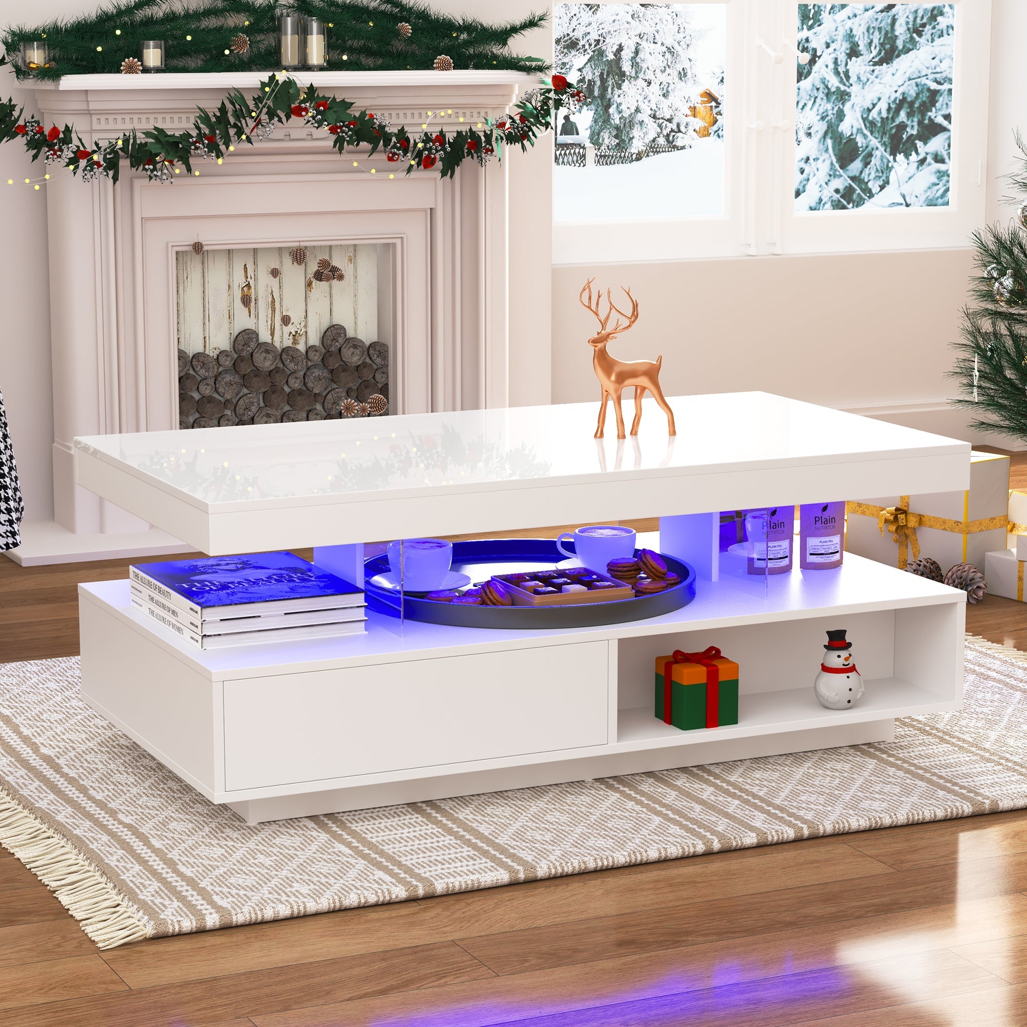 Logidon Witte Hoogglans Salontafel 95x50 cm Met Glazen Bladen