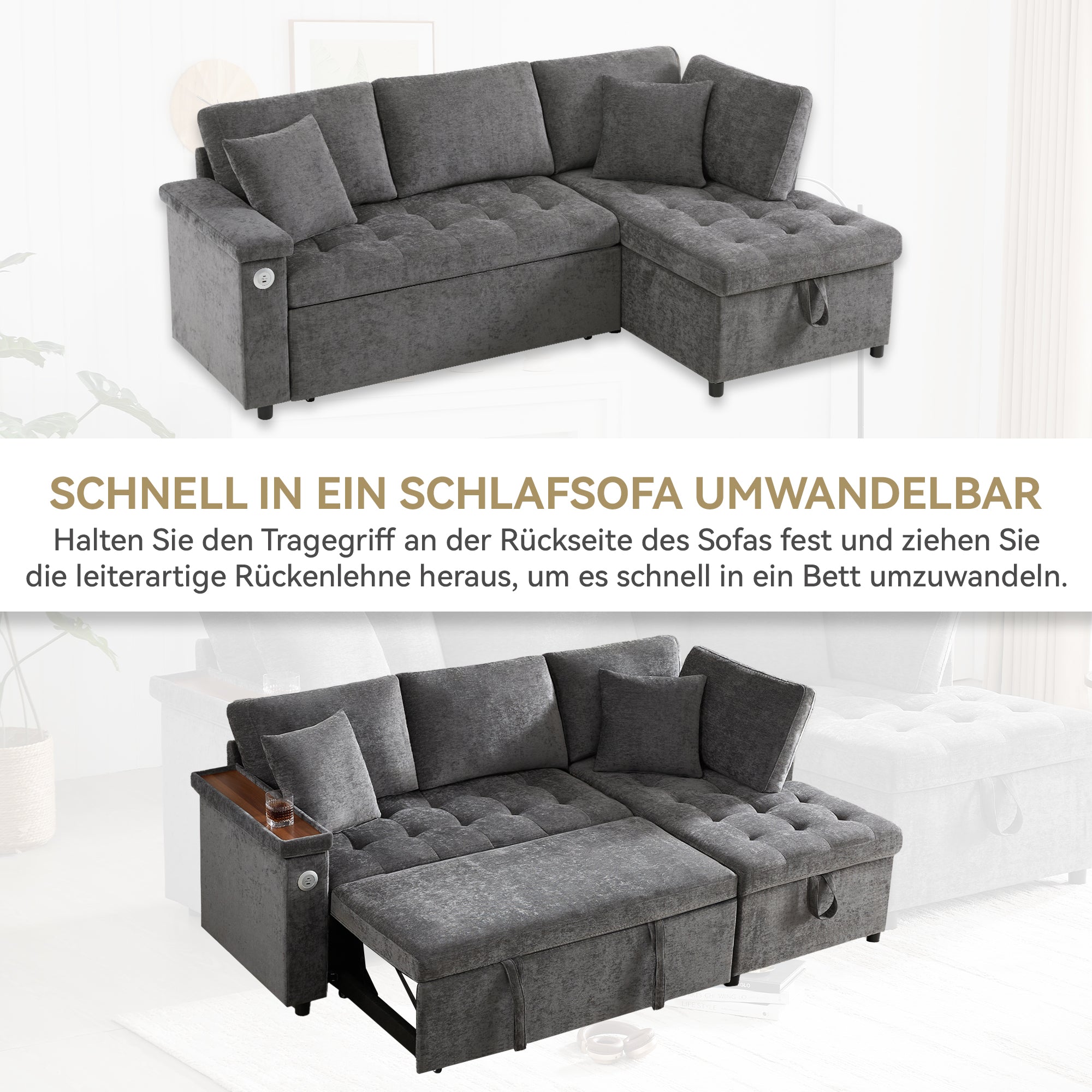 Logidon L-vorm slaapbank grijs fluweel chenille 209x130 cm opbergruimte