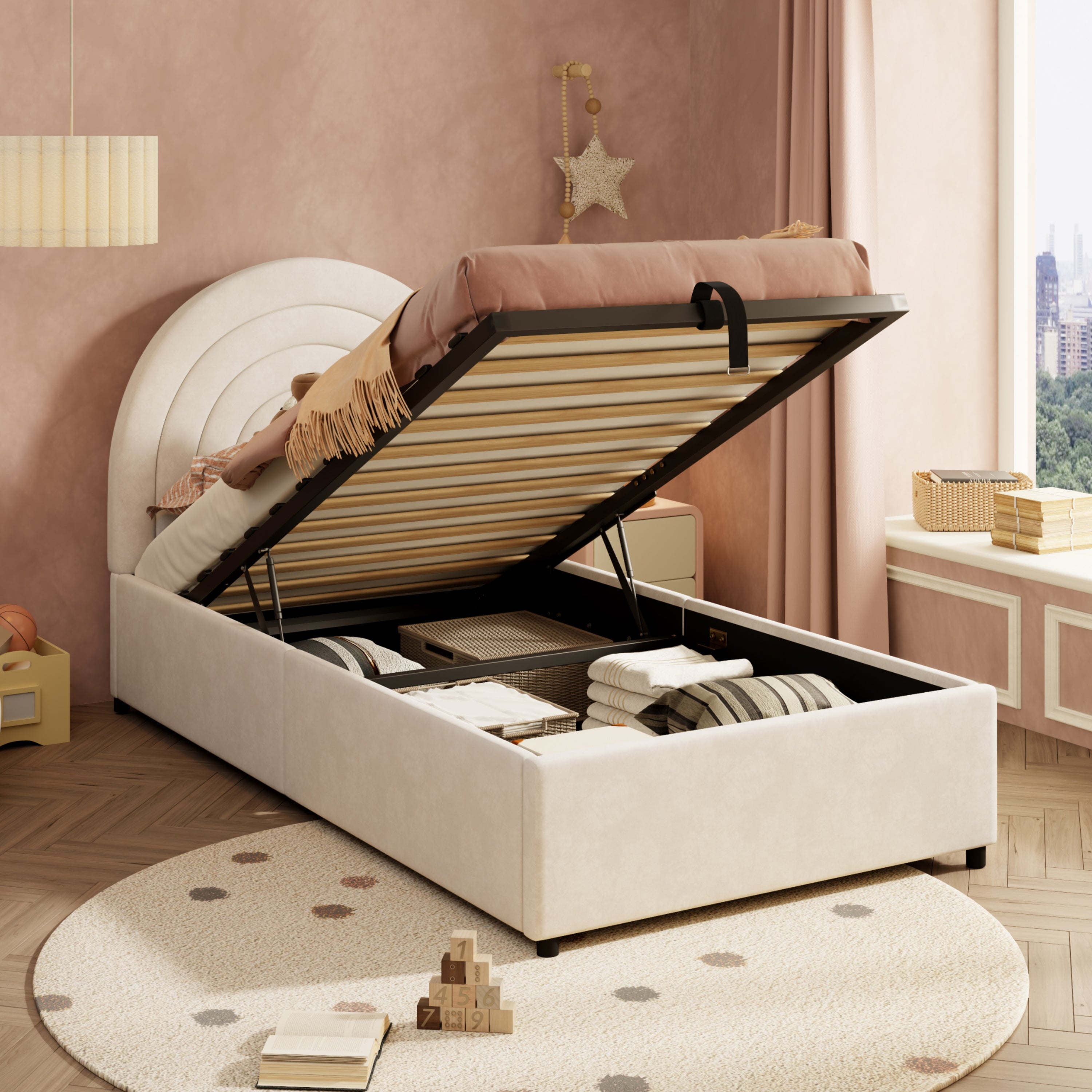 Logidon gestoffeerd bed 90x200 beige fluweel met lattenbodem