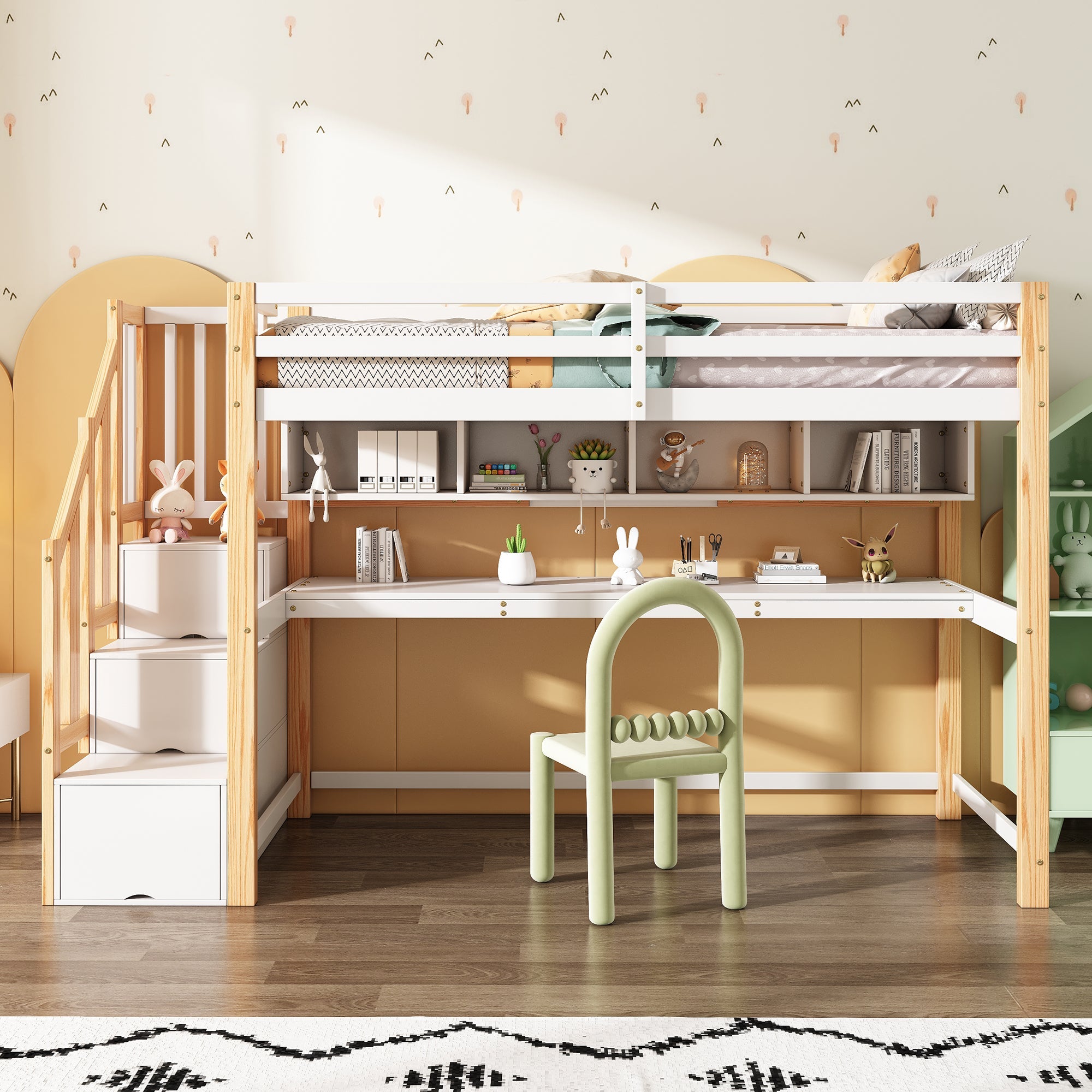 Logidon kinderhoogslaper 90x200 wit met groot bureau en planken