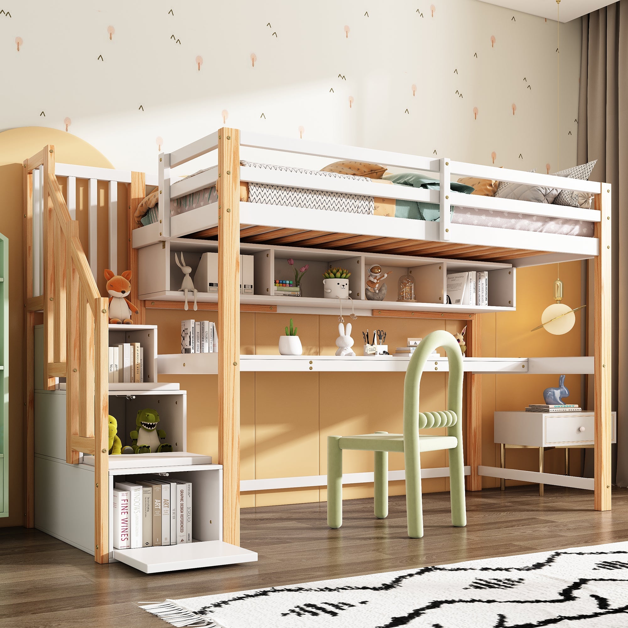 Logidon kinderhoogslaper 90x200 wit met groot bureau en planken