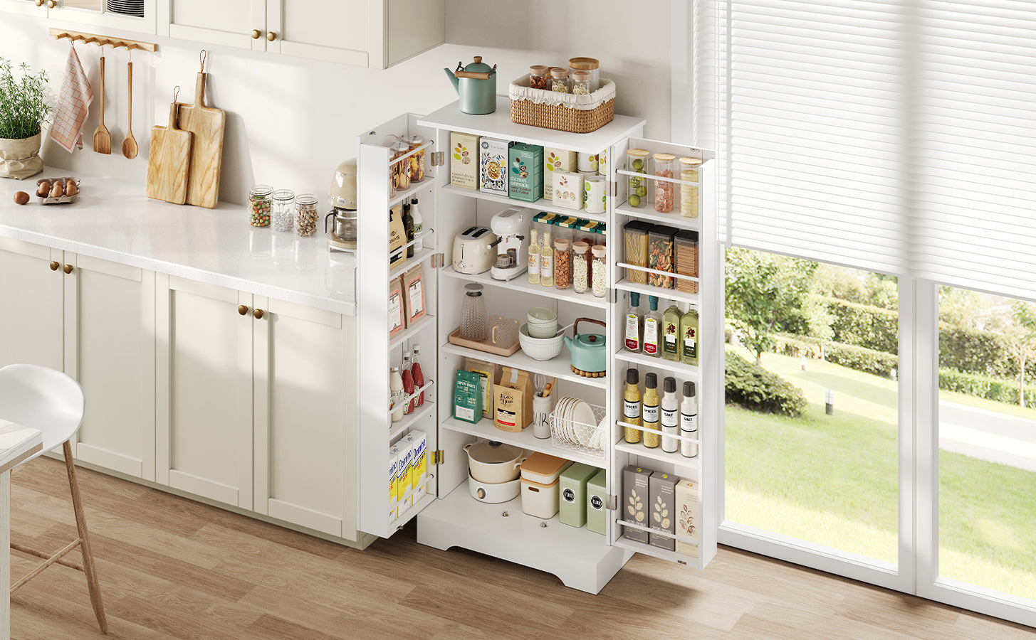 Logidon 60x35x128cm witte keukenkast LED-sensorlicht verstelbare planken