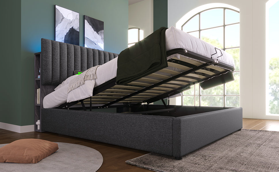 Logidon Upholstered Bed 160x200 cm Gray With Storage Space LED USB Type C