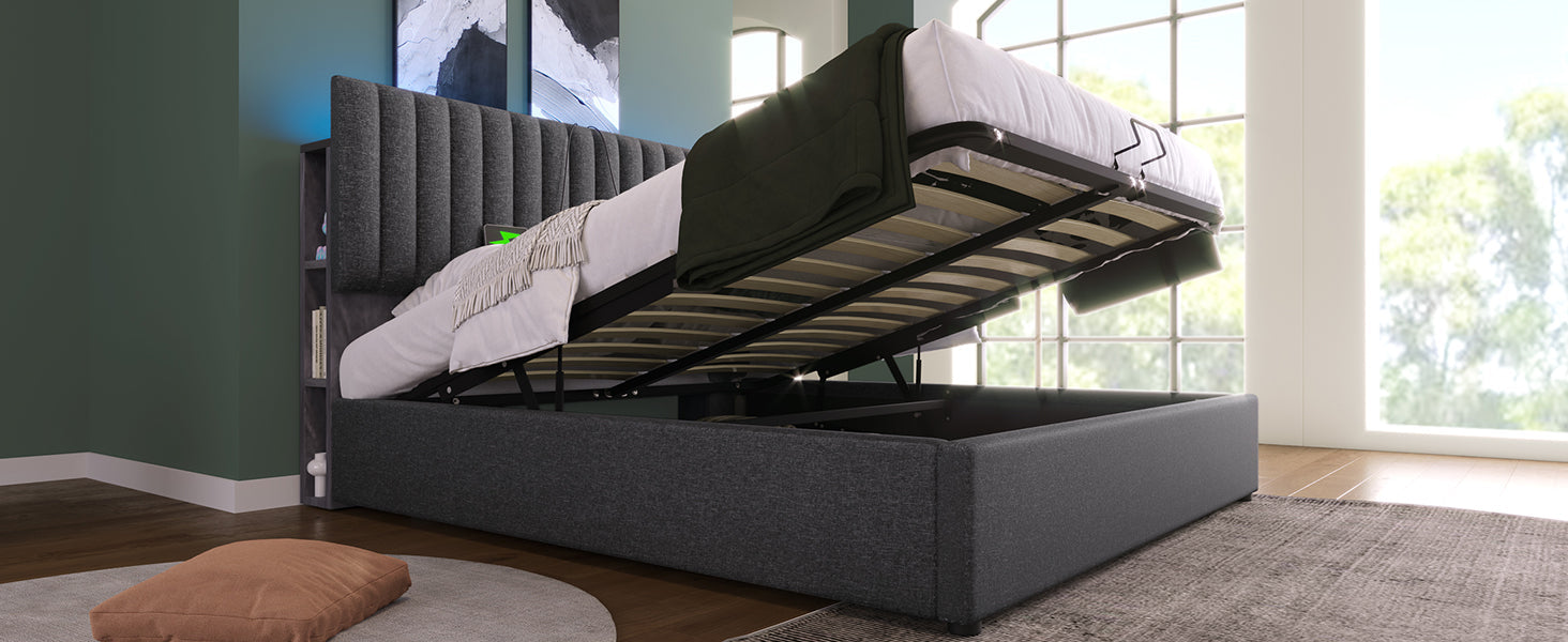 Logidon Upholstered Bed 160x200 cm Gray With Storage Space LED USB Type C