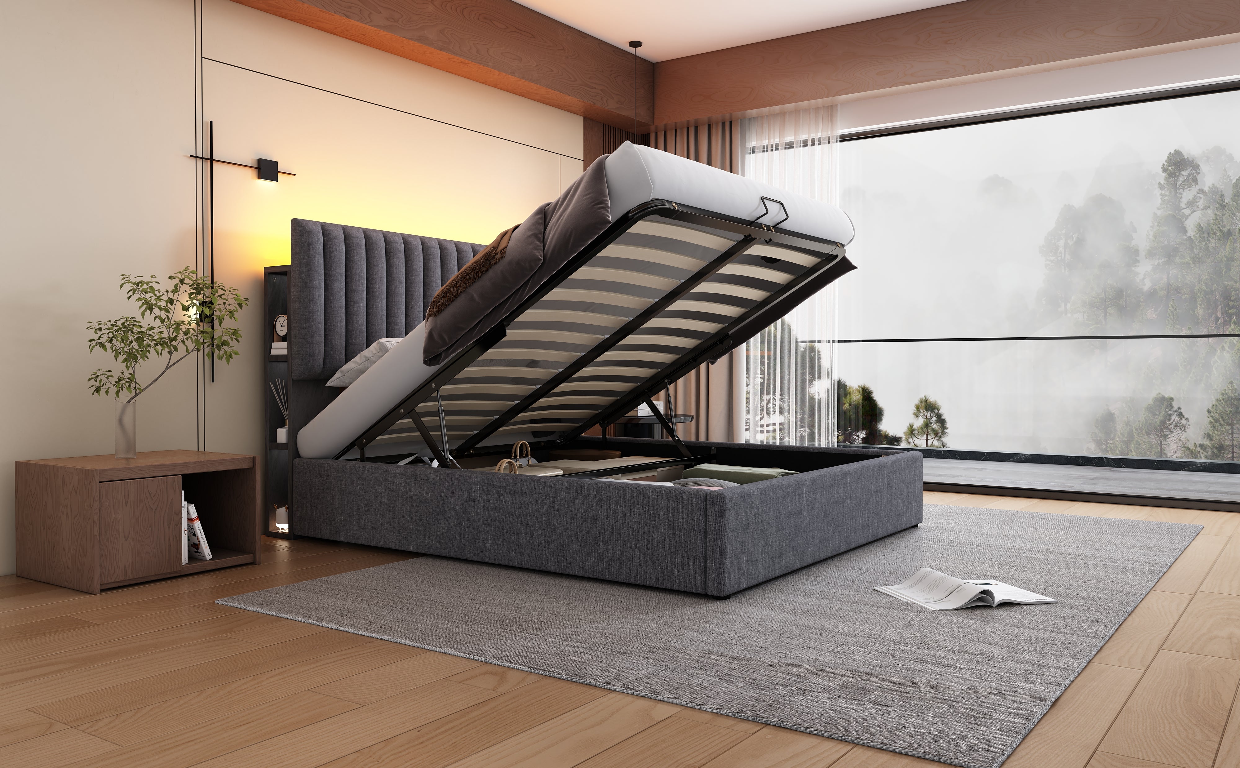 Logidon Upholstered Bed 160x200 cm Gray With Storage Space LED USB Type C