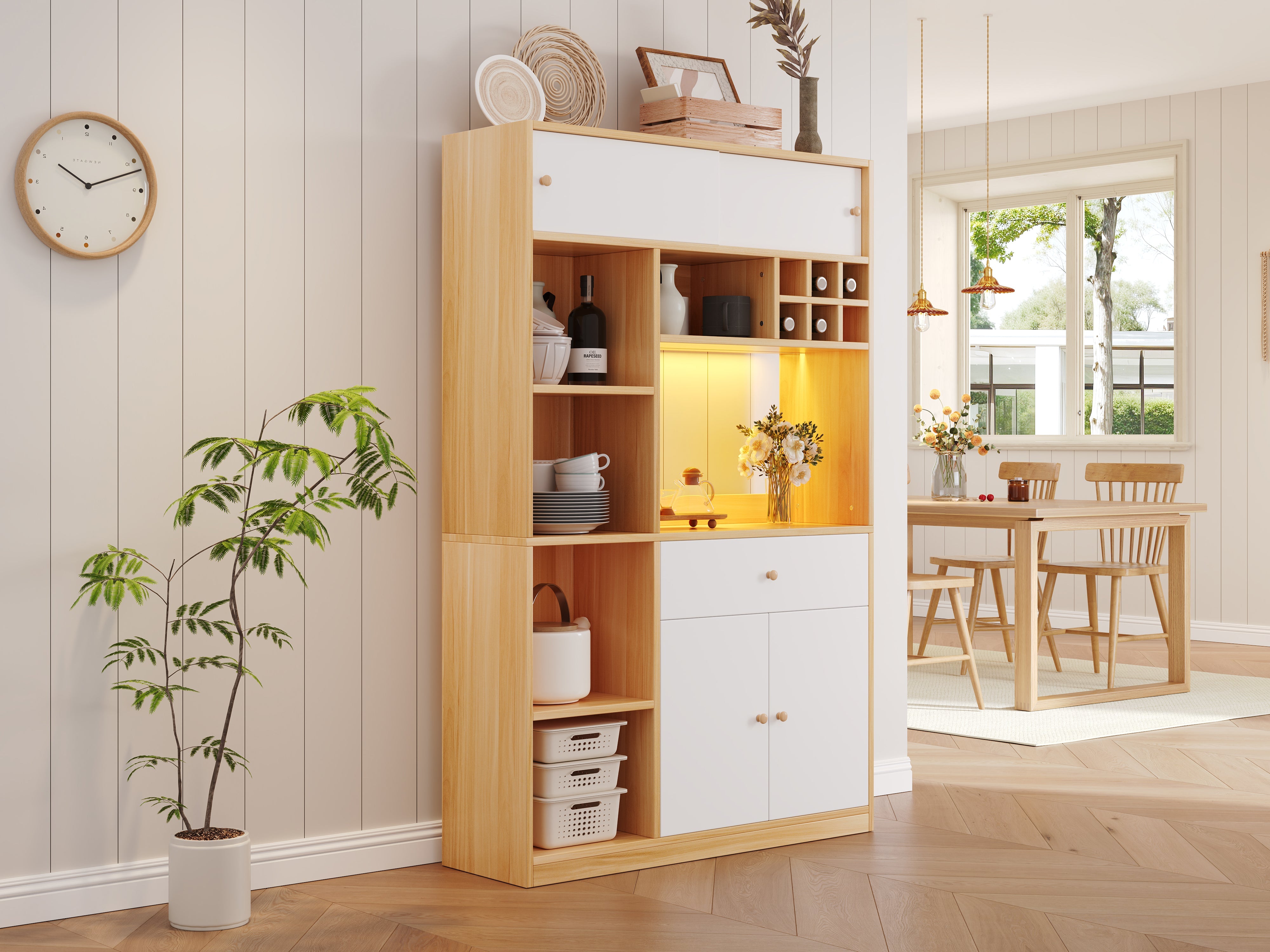 Logidon keukenkast buffet met LED-verlichting, 115x35x180 cm, naturel