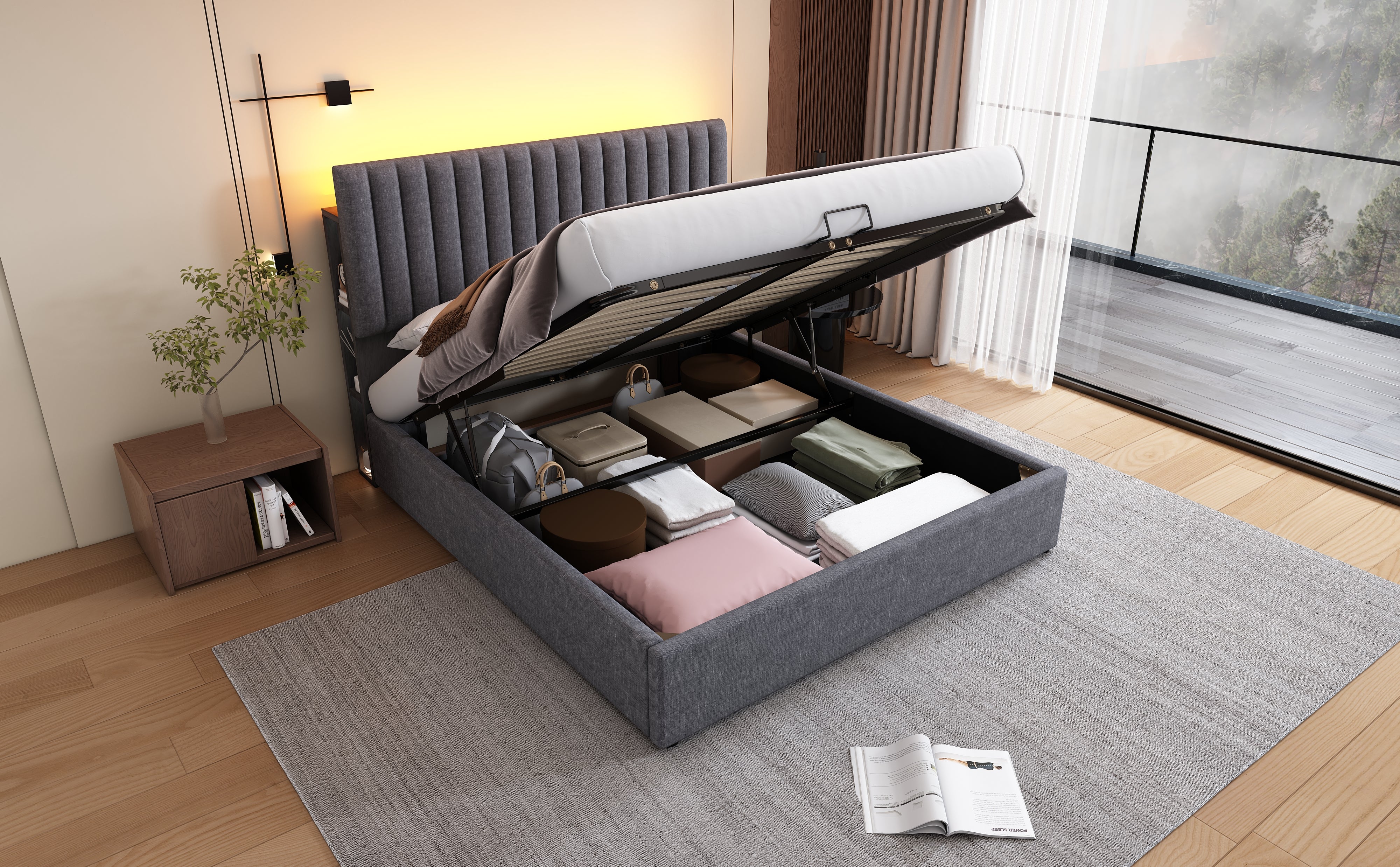 Logidon Upholstered Bed 160x200 cm Gray With Storage Space LED USB Type C