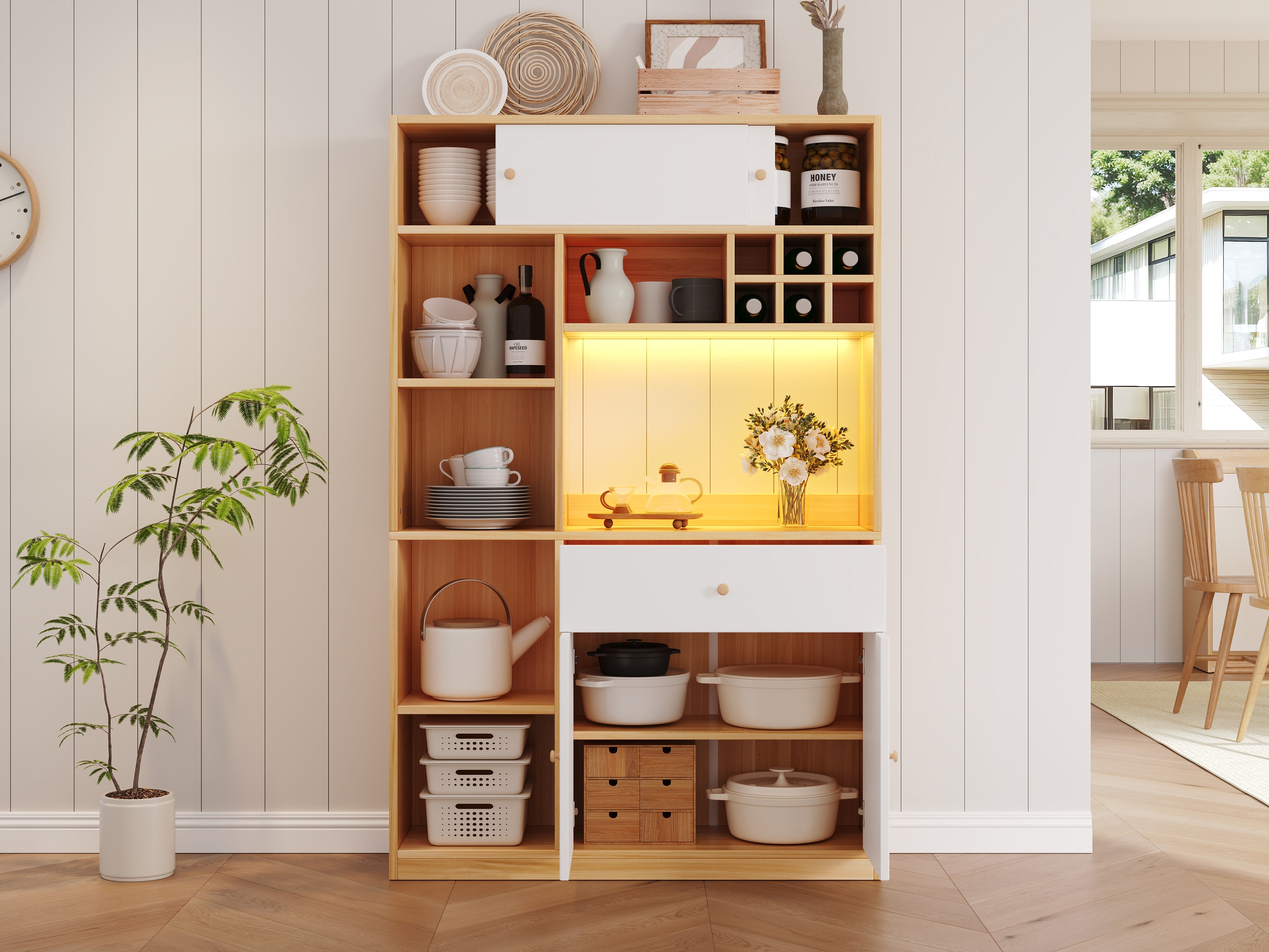 Logidon keukenkast buffet met LED-verlichting, 115x35x180 cm, naturel