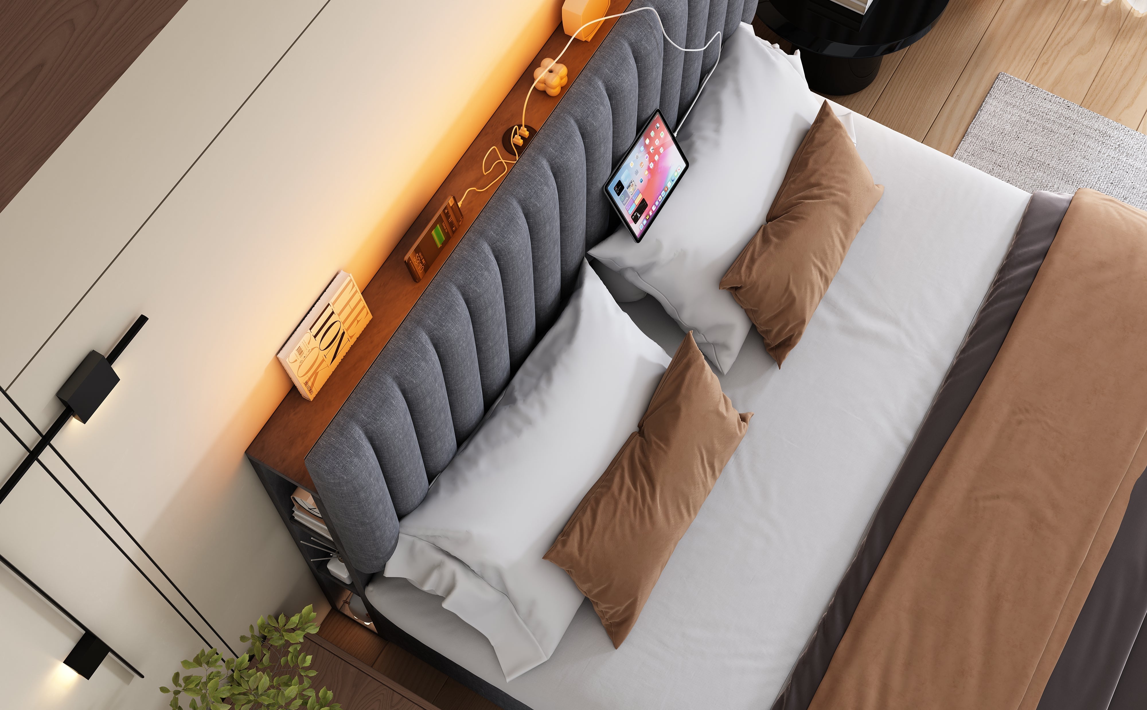 Logidon Upholstered Bed 160x200 cm Gray With Storage Space LED USB Type C