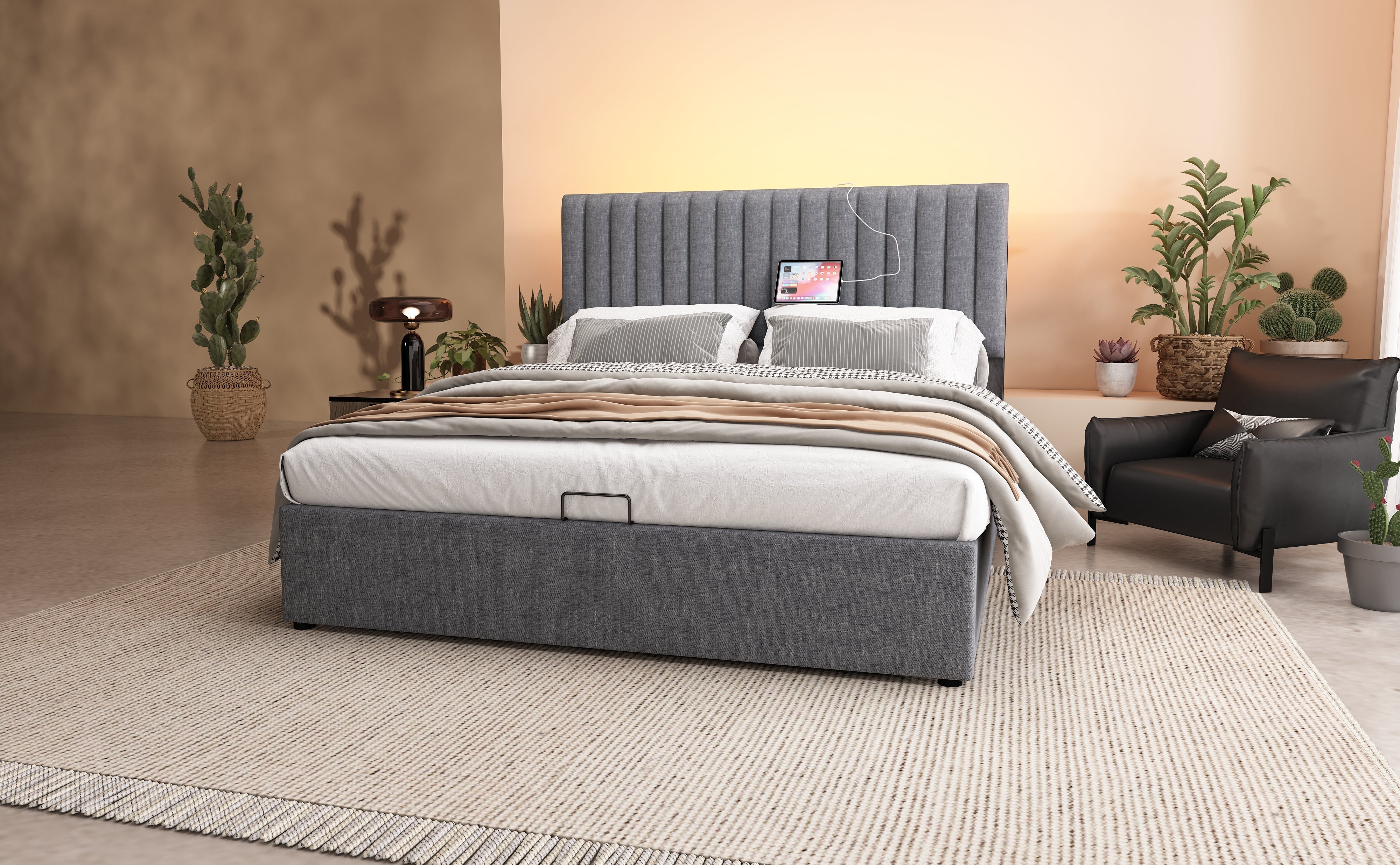 Logidon Upholstered Bed 160x200 cm Gray With Storage Space LED USB Type C