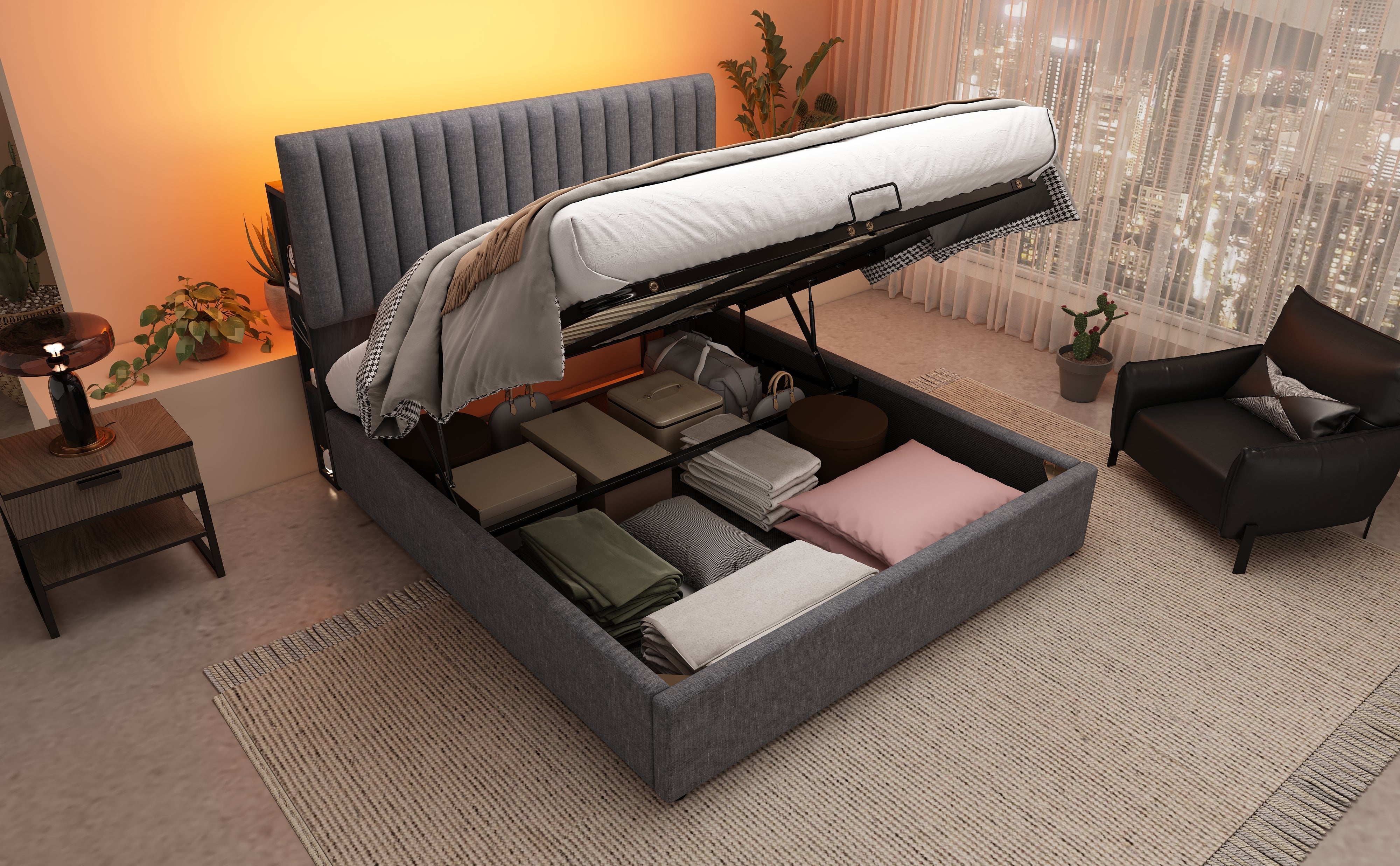 Logidon Upholstered Bed 160x200 cm Gray With Storage Space LED USB Type C