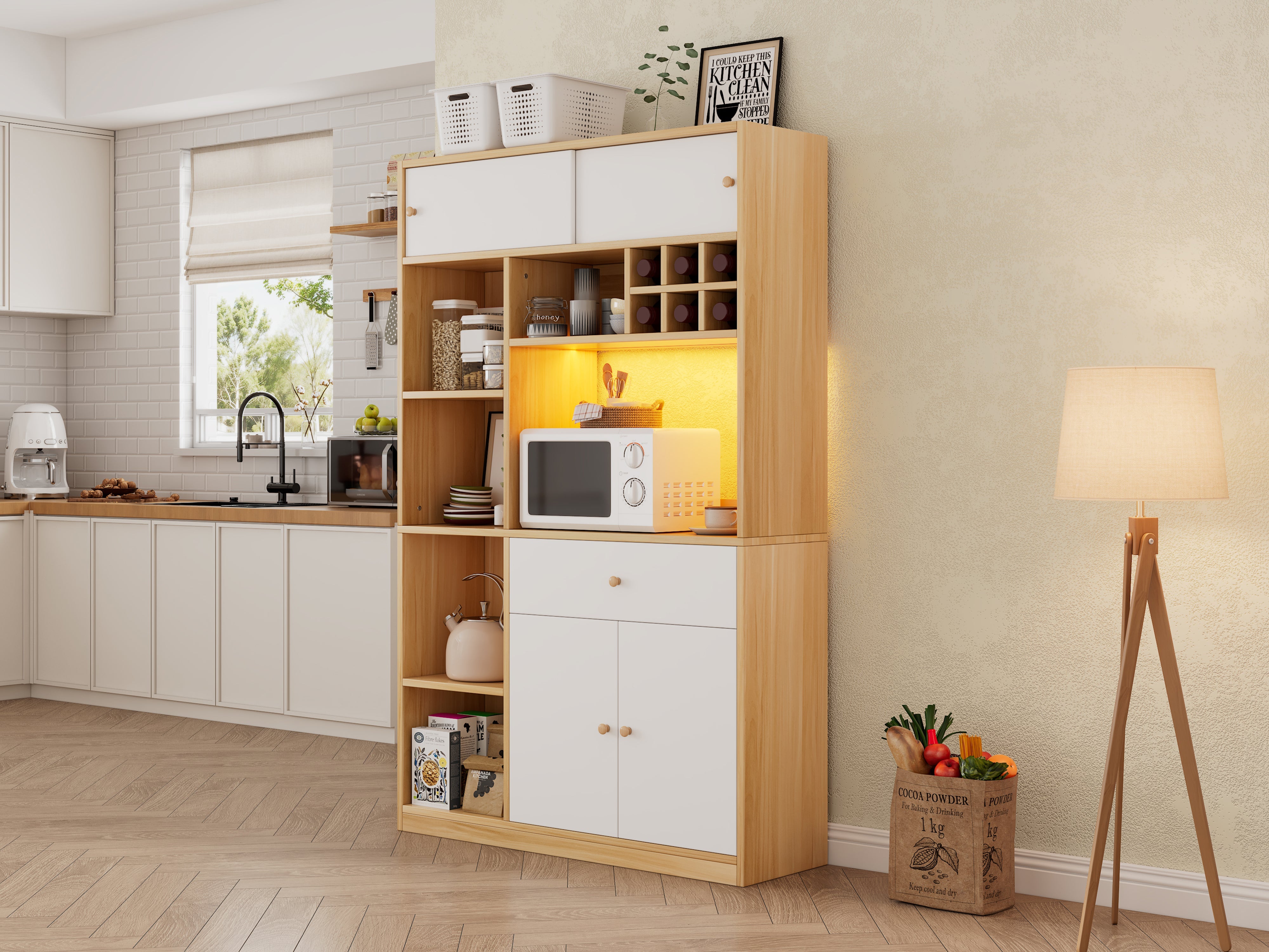 Logidon keukenkast buffet met LED-verlichting, 115x35x180 cm, naturel