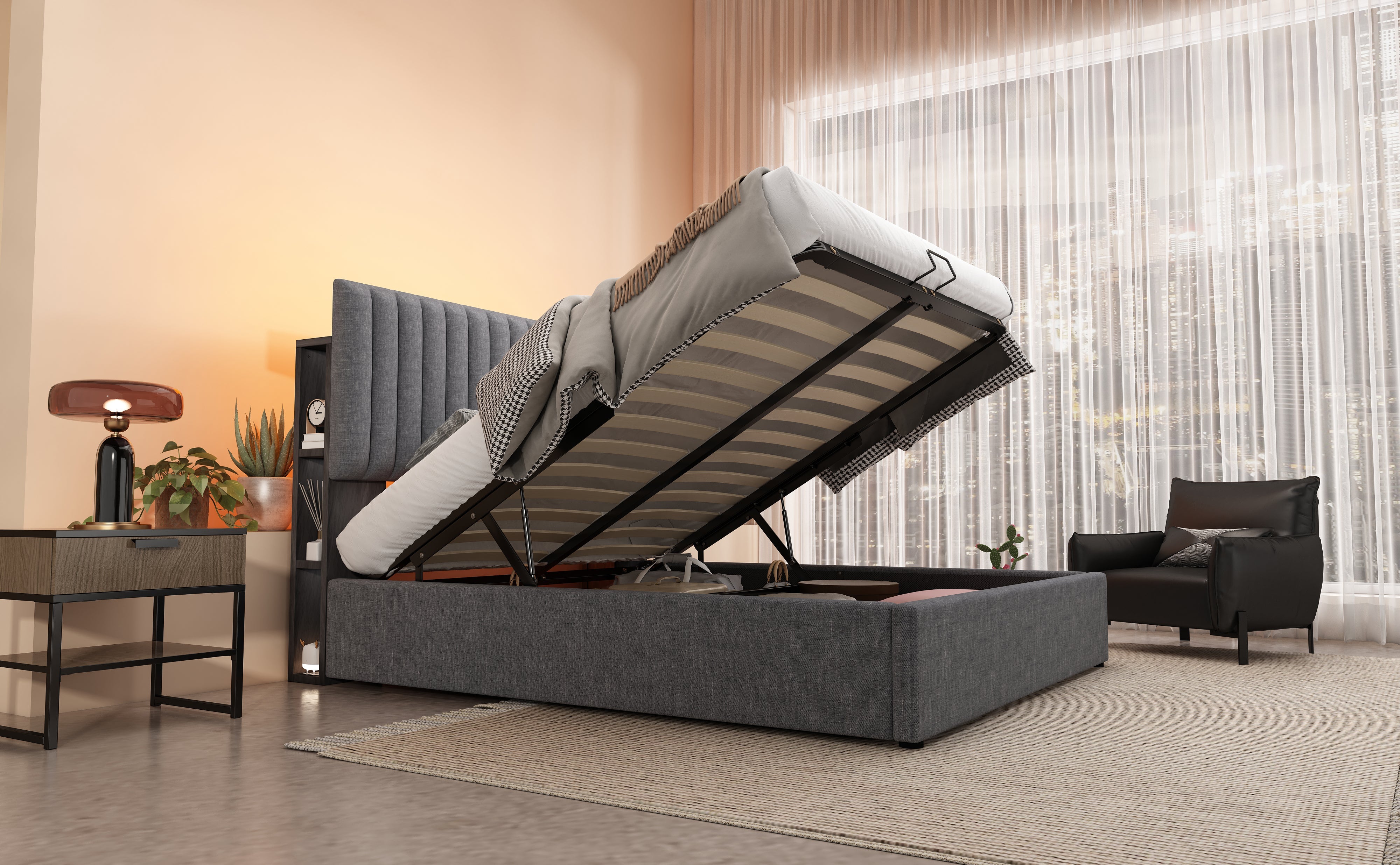 Logidon Upholstered Bed 160x200 cm Gray With Storage Space LED USB Type C