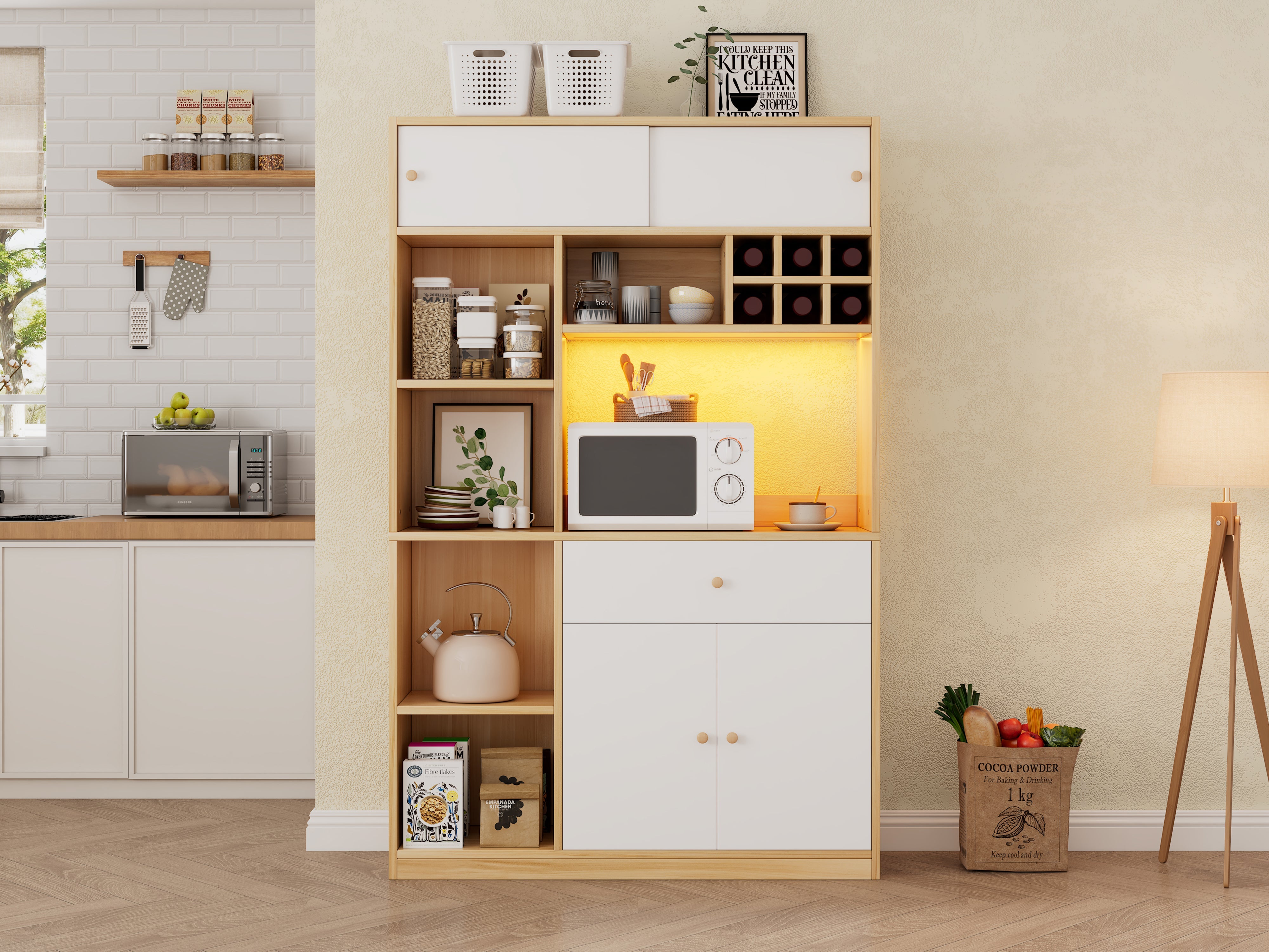 Logidon keukenkast buffet met LED-verlichting, 115x35x180 cm, naturel